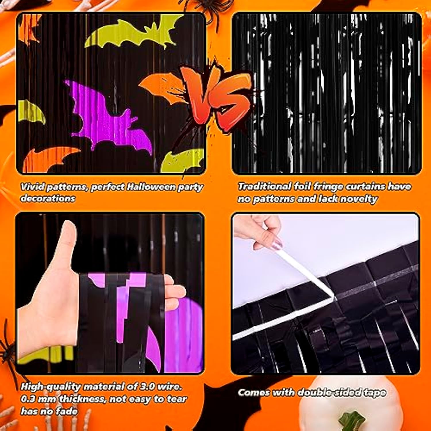 2 Pack Halloween Bat Foil Fringe Curtains 3.3x6.6ft Backdrop Green Orange Purple