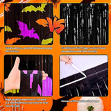 2 Pack Halloween Bat Foil Fringe Curtains 3.3x6.6ft Backdrop Green Orange Purple