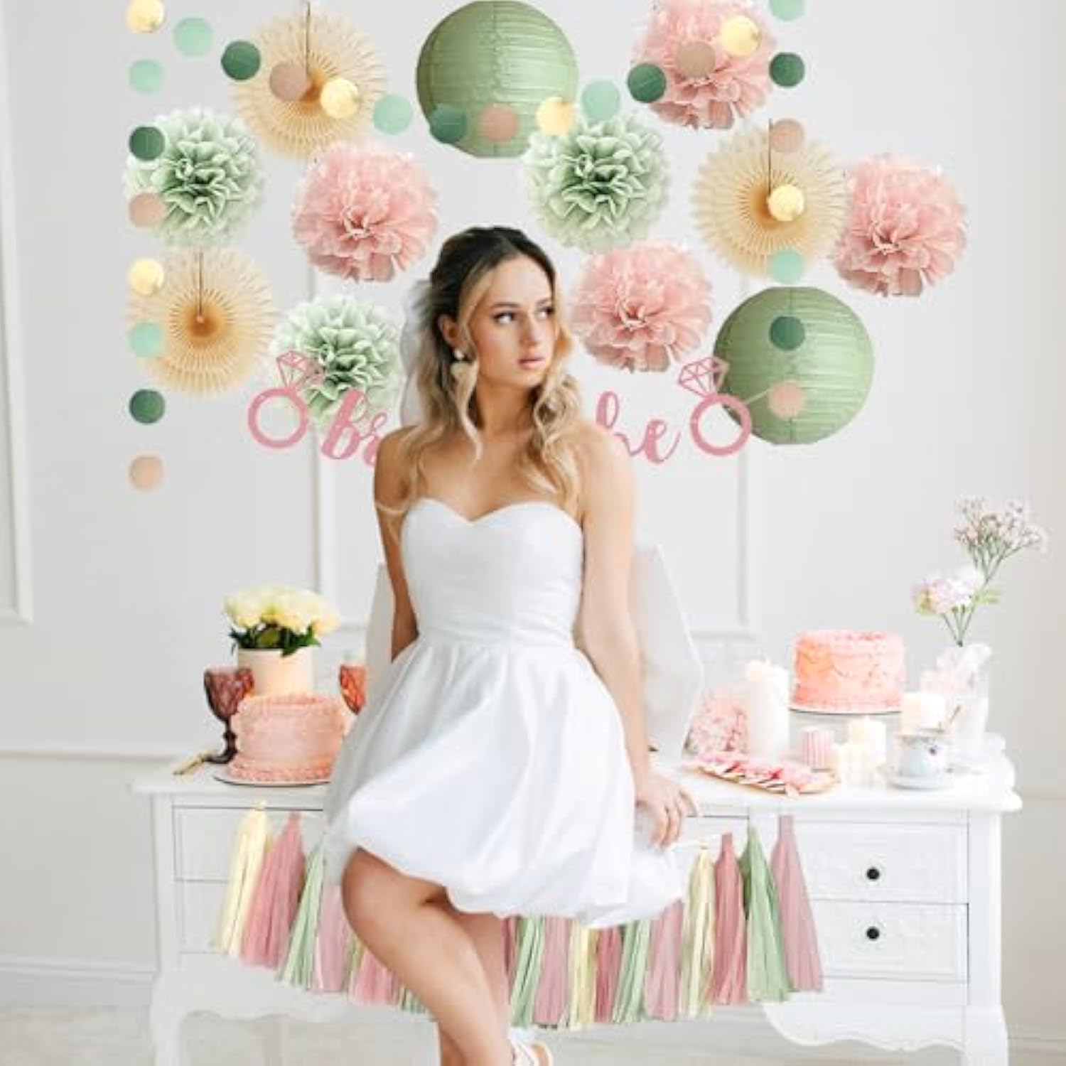 Sage Green And Blush Pink Bridal Shower Decorations Boho Bride To Be Decorations Sage Green And Pink Bachelorette Party Decorations Beige Fans Dusty Rose Tissue Pom Poms With Cream Tassel Garland