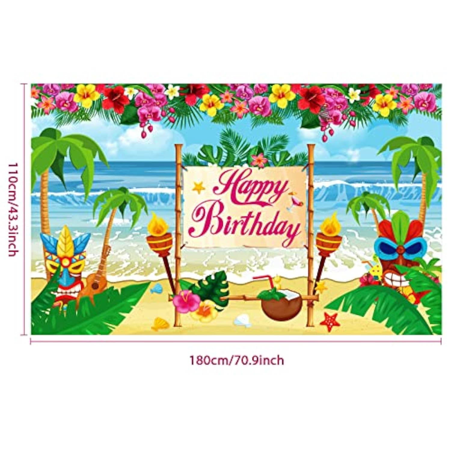 Hawaiian Luau Birthday Backdrop  Aloha Beach Party Banner