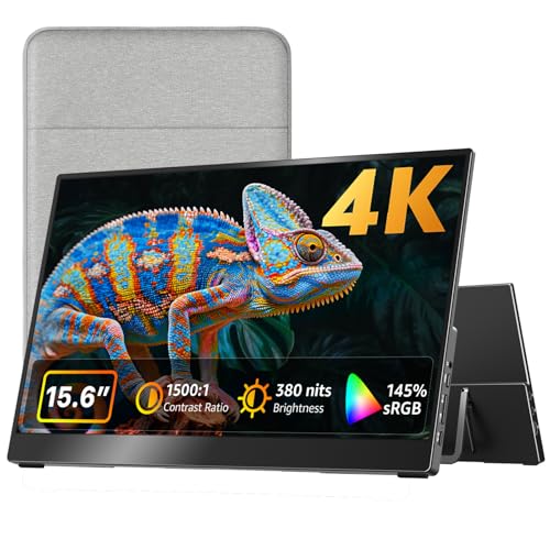 Portable Monitor 15.6 Inch 4K Uhd 145% Srgb 60Hz, Travel Monitor For Laptop Macbook Surface Pc Xbox Ps5, Hdmi Usb-C Vesa Compatible Built-In Speaker