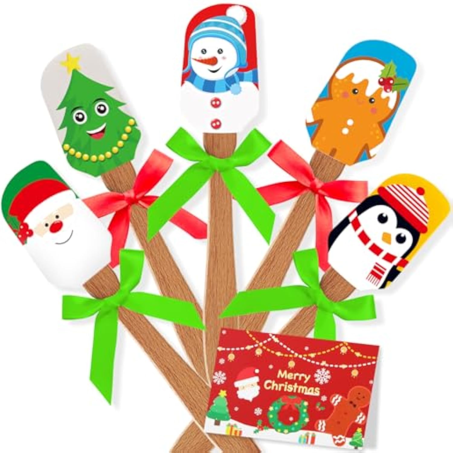 10 Sets Christmas Silicone Spatula Cake Spatula Bulk Cooking Scraper With Wooden Handle Xmas Greeting Card Ribbon For Christmas Decoration Holiday Gifts Kitchen Party Favors (Cute Style)