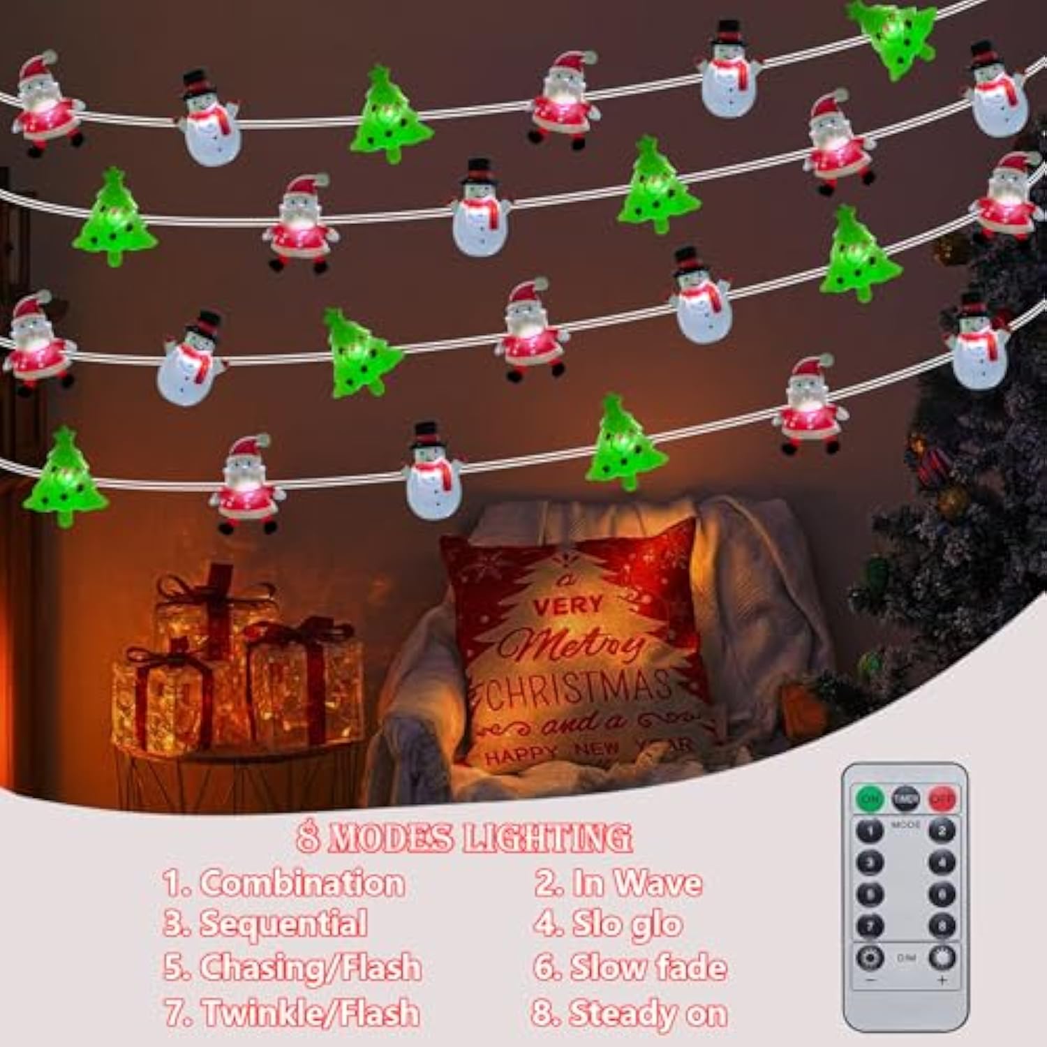 Christmas Lights Decorations Battery Operated, 17Ft 50 Led Christmas Tree Santa Snowman String Lights With Timer, Xmas F