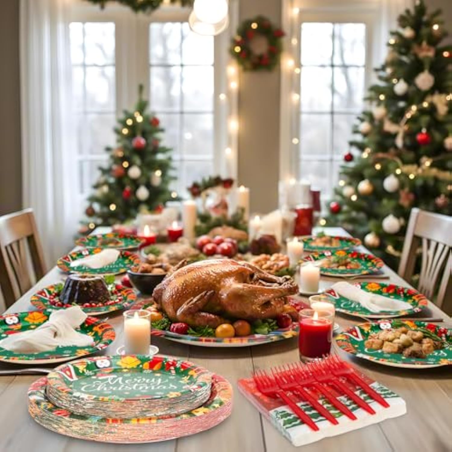 100 Pcs Merry Christmas Plates And Napkins Sets - Cute Winter Christmas Round Tableware, Disposable Chrismas Paper Plates And Napkins Forks For Xmas Party Supplies Favors Table Decor, Serves 25