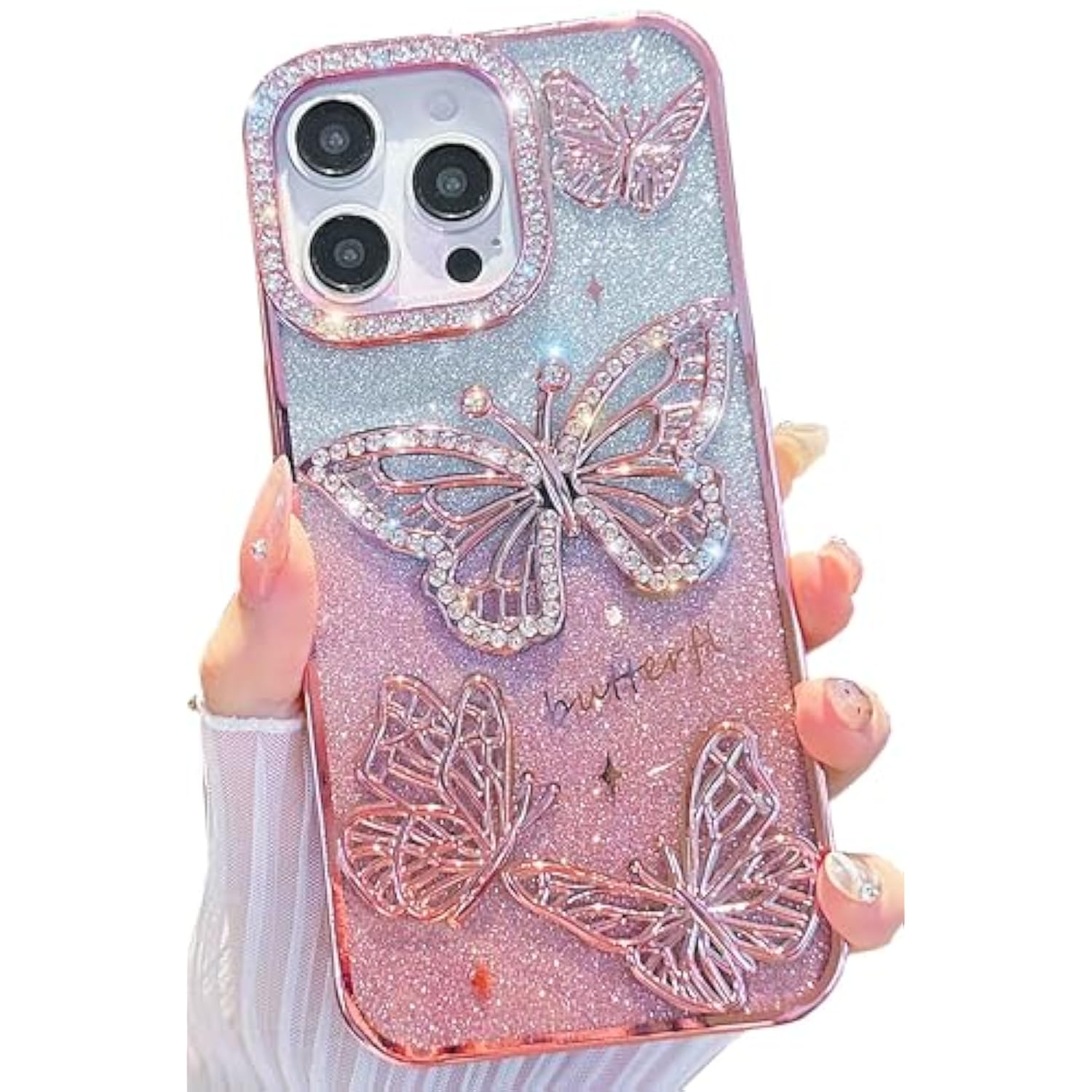 Girly Designed For Iphone 16 Pro Max Bling Case 6.9",Cute Diamond 3D Glitter Butterfly Plated Slim Case Luxury Shockproof Protection Cover For Women Girls(Pink)