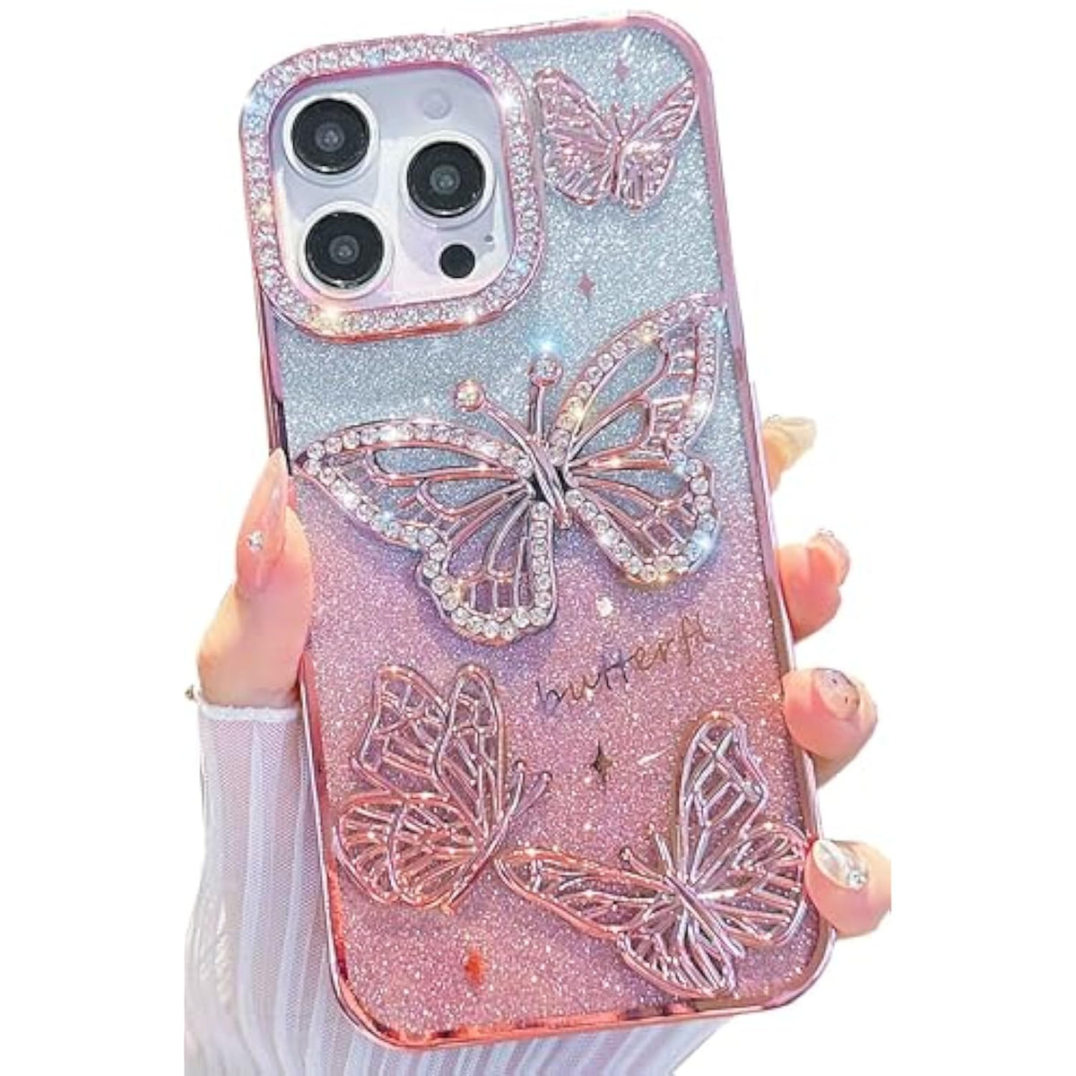 Girly Designed For Iphone 16 Pro Max Bling Case 6.9",Cute Diamond 3D Glitter Butterfly Plated Slim Case Luxury Shockproof Protection Cover For Women Girls(Pink)