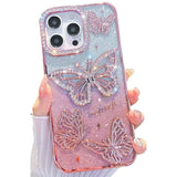 Girly Designed For Iphone 16 Pro Max Bling Case 6.9",Cute Diamond 3D Glitter Butterfly Plated Slim Case Luxury Shockproof Protection Cover For Women Girls(Pink)