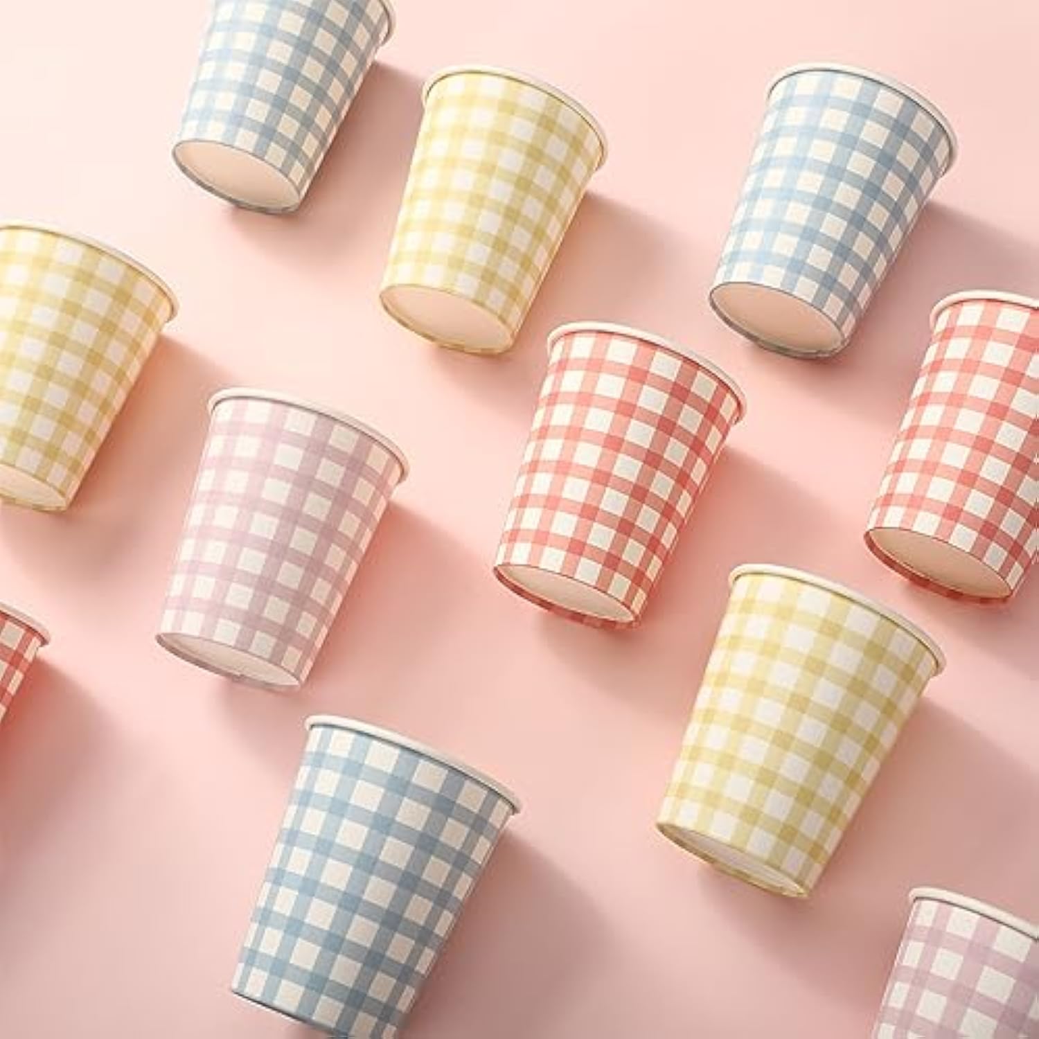 9 Oz Gingham Paper Drinking Cups, 100 Pieces, 4 Colors, Checkered Cups For Hot Cold Beverage, Birthday Party, Travel, Picnic