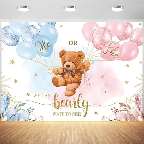 7x5ft Gender Reveal Backdrop Baby Bear Boy or Girl Photography Background Baby Shower Party Blue and Pink Banner Decorations Supplies Photo Booth Props