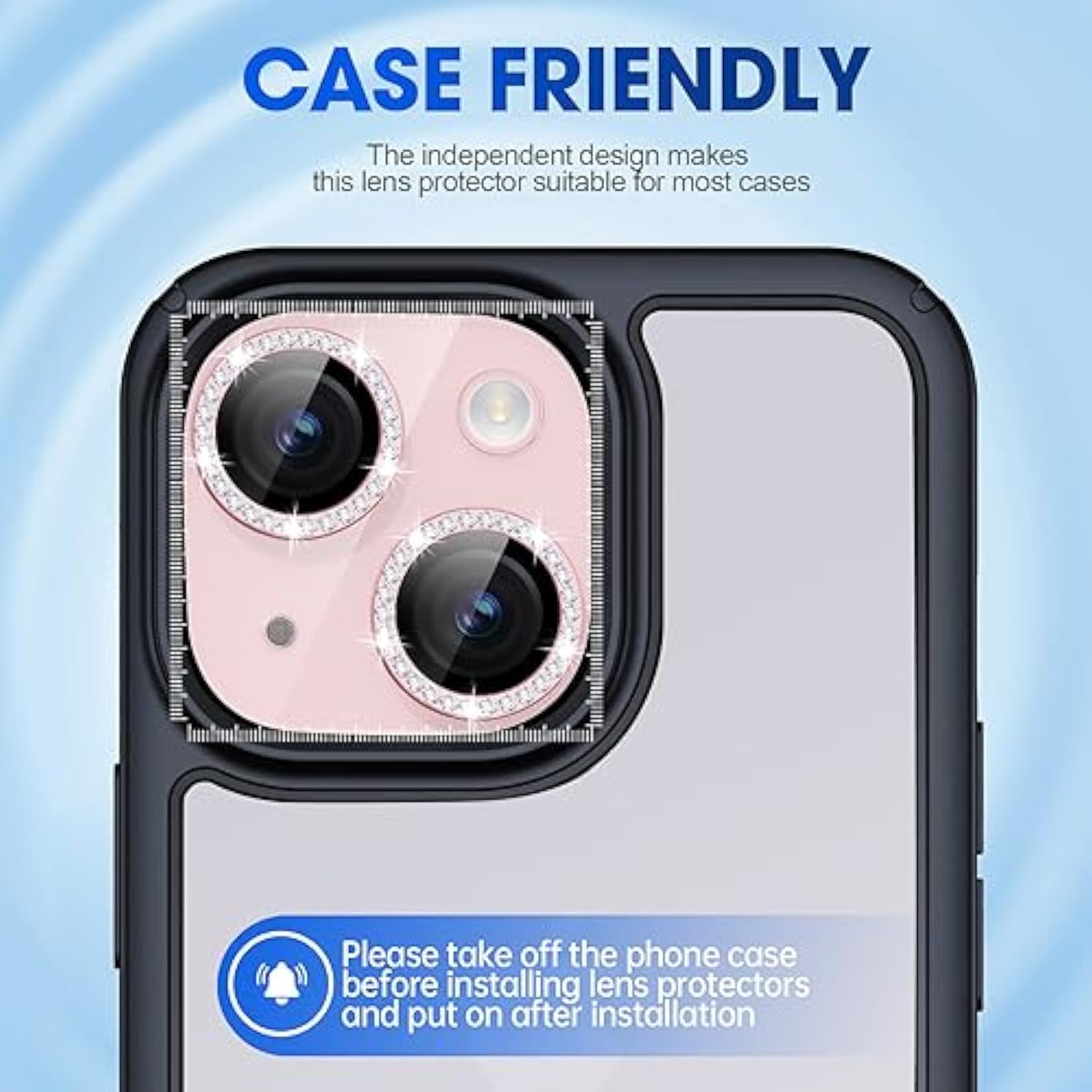 iPhone 15/15 Plus Camera Lens Protector Bling Metal Diamond 9H Scratchproof Pink