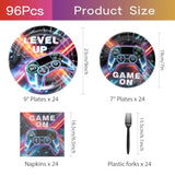 96 Pcs Party Plates, Video Game Paper Plates And Napkins Party Supplies For Video Game Theme Birthday For Gamer, Serve For 24 Guests, Blue And Purple
