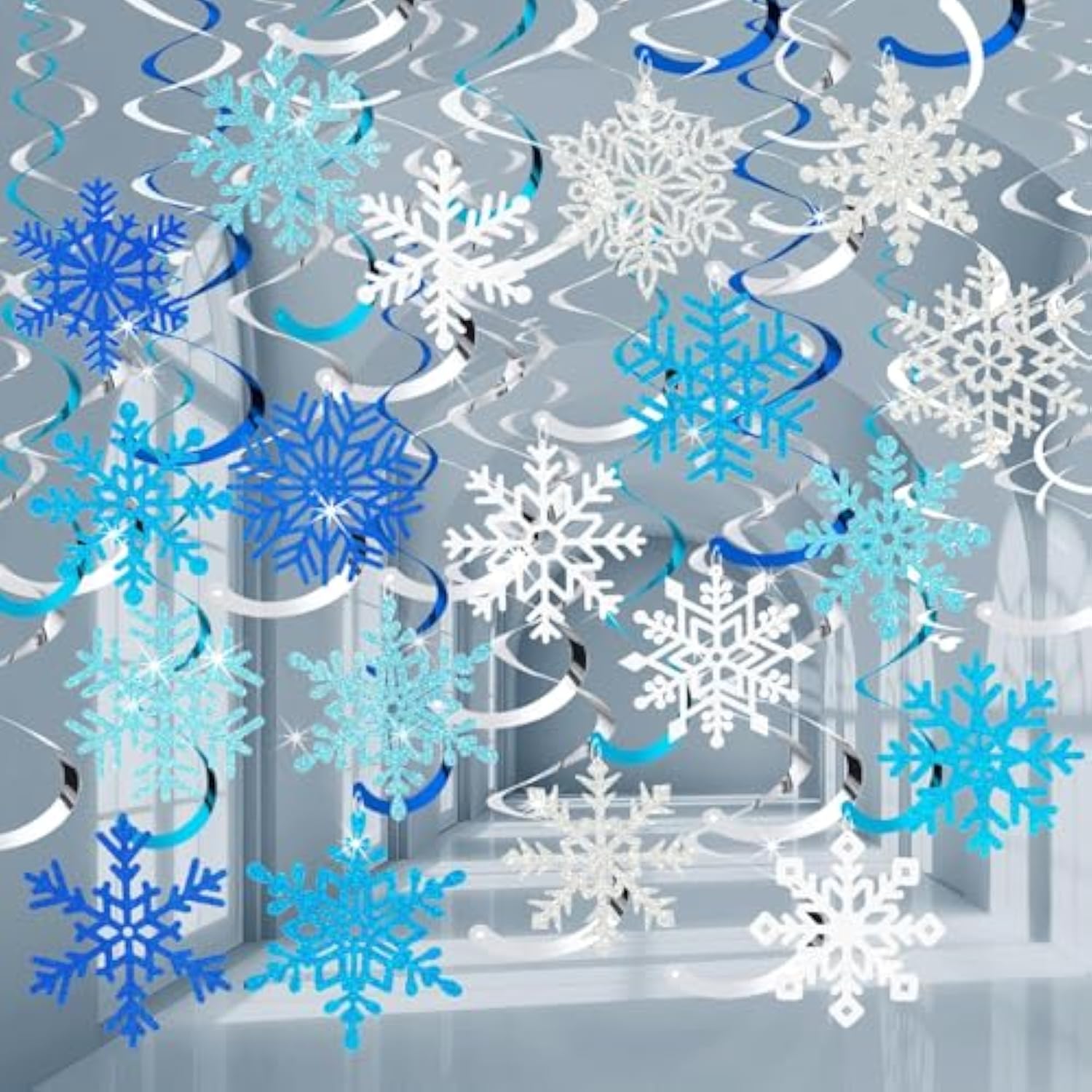 Winter Snowflake Hanging Swirl Decorations, 30Pcs Christmas Glitter Snowflakes Hanging Swirls Ornaments Ceiling Streamers For Xmas Winter Wonderland Frozen New Year Wedding Baby Shower Party Supplies