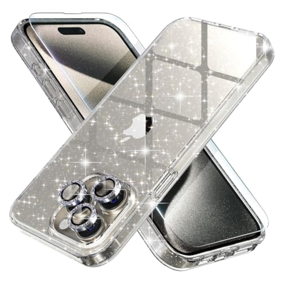 Compatible For 15 Pro Max Case, Women Cute Clear Glitter Bling Sparkly Case, [3 X Diamond Camera Lens Protectors] [2 X Tempered Glass Screen Protectors] 6.7-Inch (Glitter Clear)