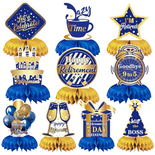 10Pcs Retirement Party Decorations Blue Gold Honeycomb Centerpiece