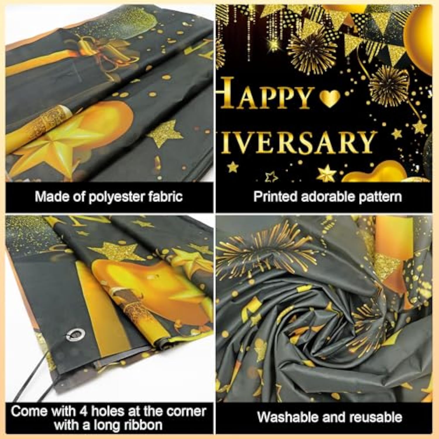 Happy Anniversary Decorations Kit - 5.9X3.6Ft Banner & 18Pcs Balloons, Black & Gold Backdrop For Wedding, Party Supplies - Men & Women