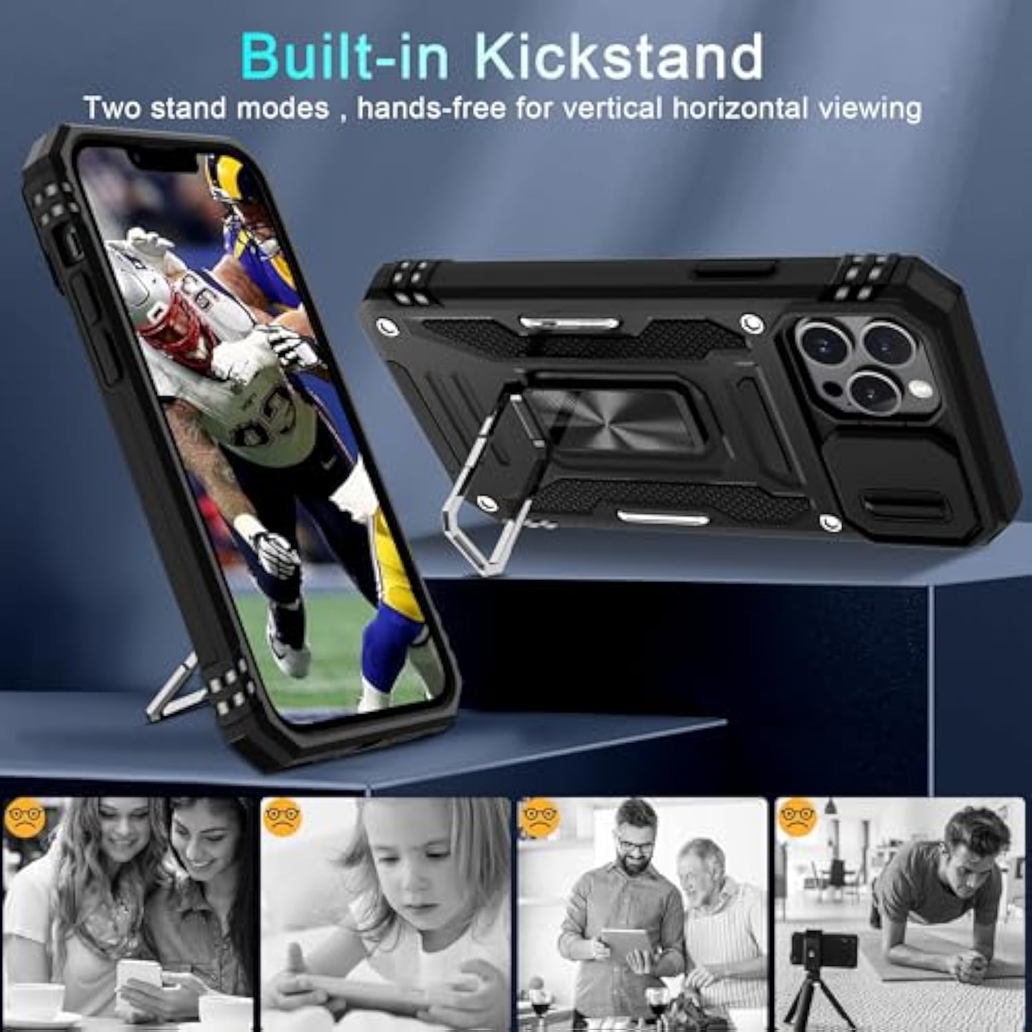 Case For Iphone 12 Pro Max With Slide Camera Cover+Screen Protector(1 Pack),Rotated Ring Kickstand Military Grade Shockproof Protective Cover 6.7 Inch-Black