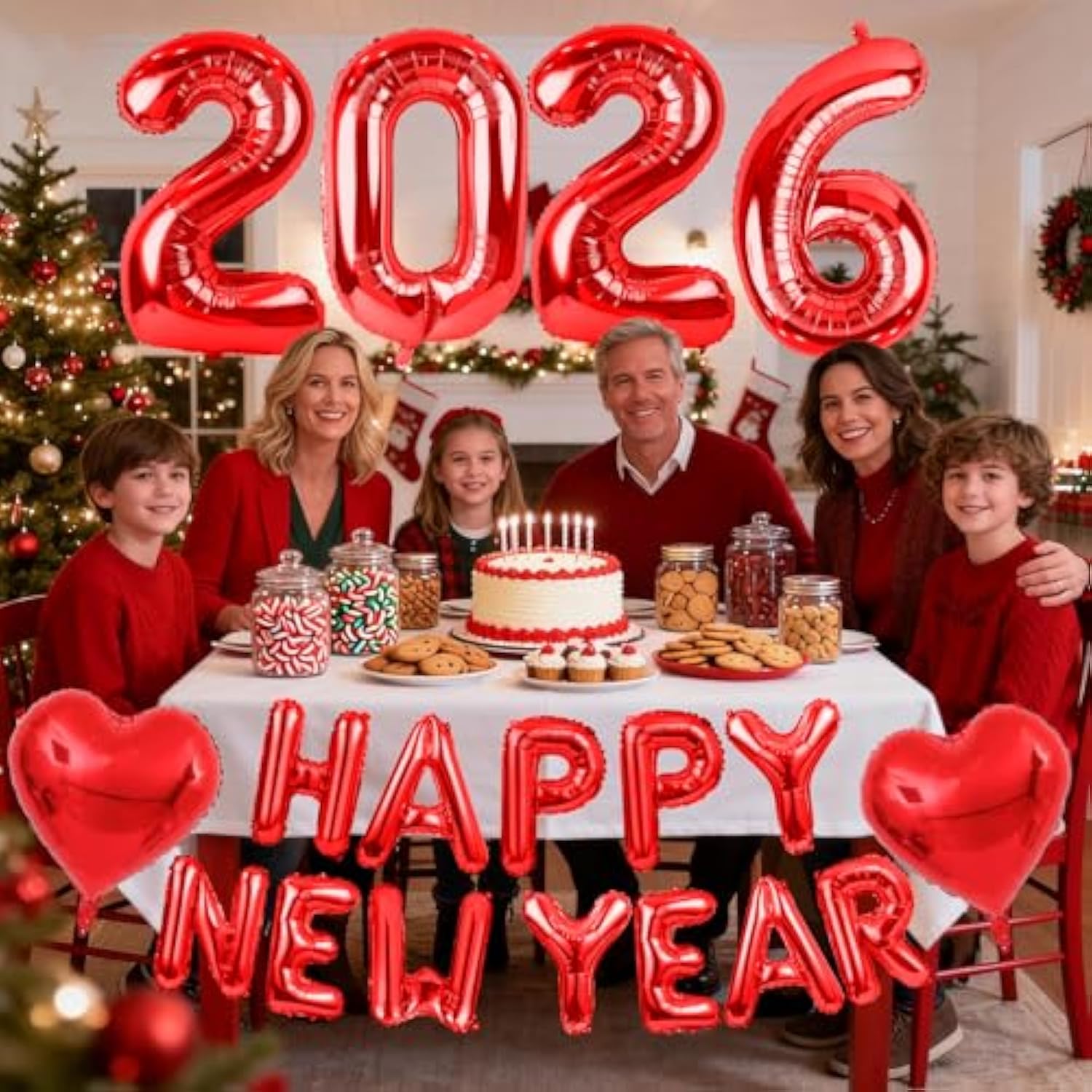 2026 Red Number Balloons Happy New Year Banner Heart Balloon Party Decor