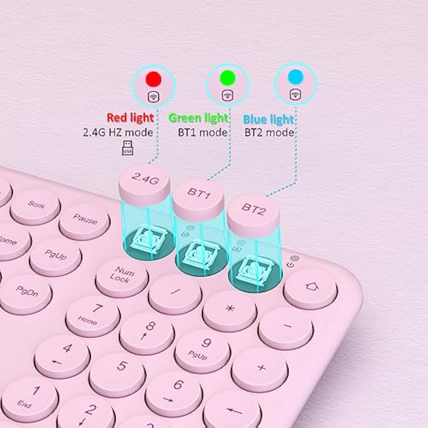 Wireless Pink Keyboard, Bluetooth 2.4Ghz Dural Mode Connection Scissor Switche