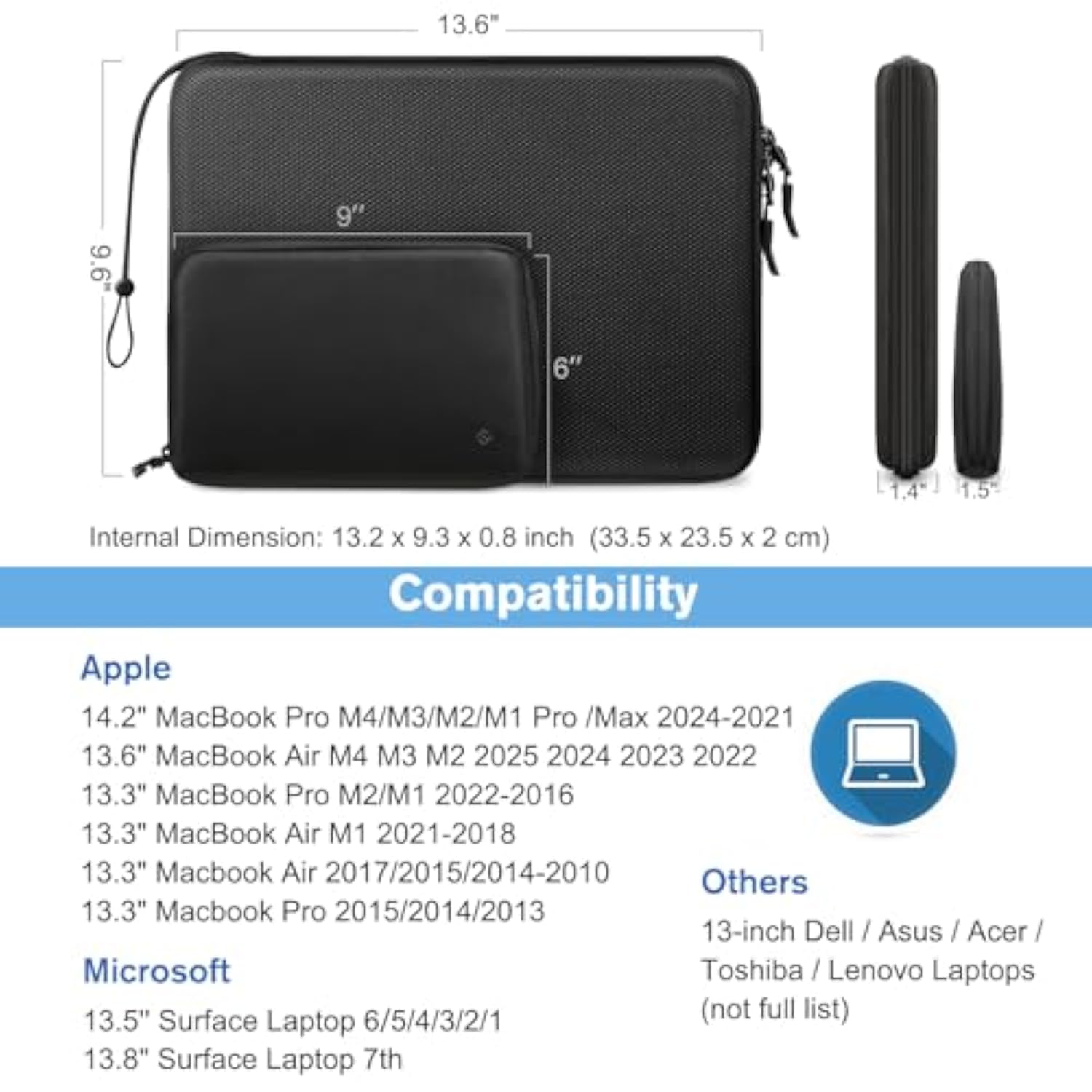 Hard Laptop Sleeve With Accessory Pouch Compatible With 13 Inch Macbook Air M4 2025 M3 2024, 14 Inch Macbook Pro M4/M3/M2, Surface Laptop Waterproof Case, Black