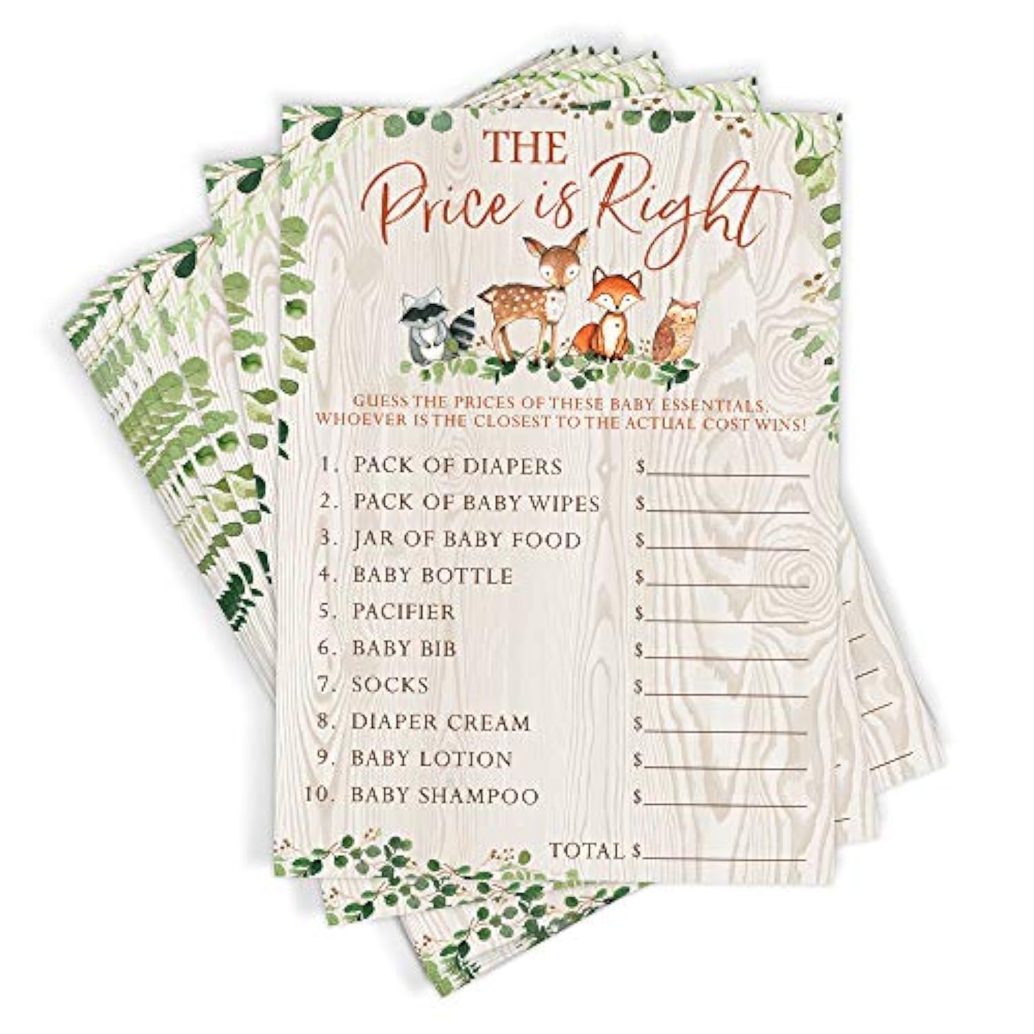 Baby Shower Games – The Price Is Right Game For Boy Or Girl, Woodland Forest Animals Theme, 50 Cards