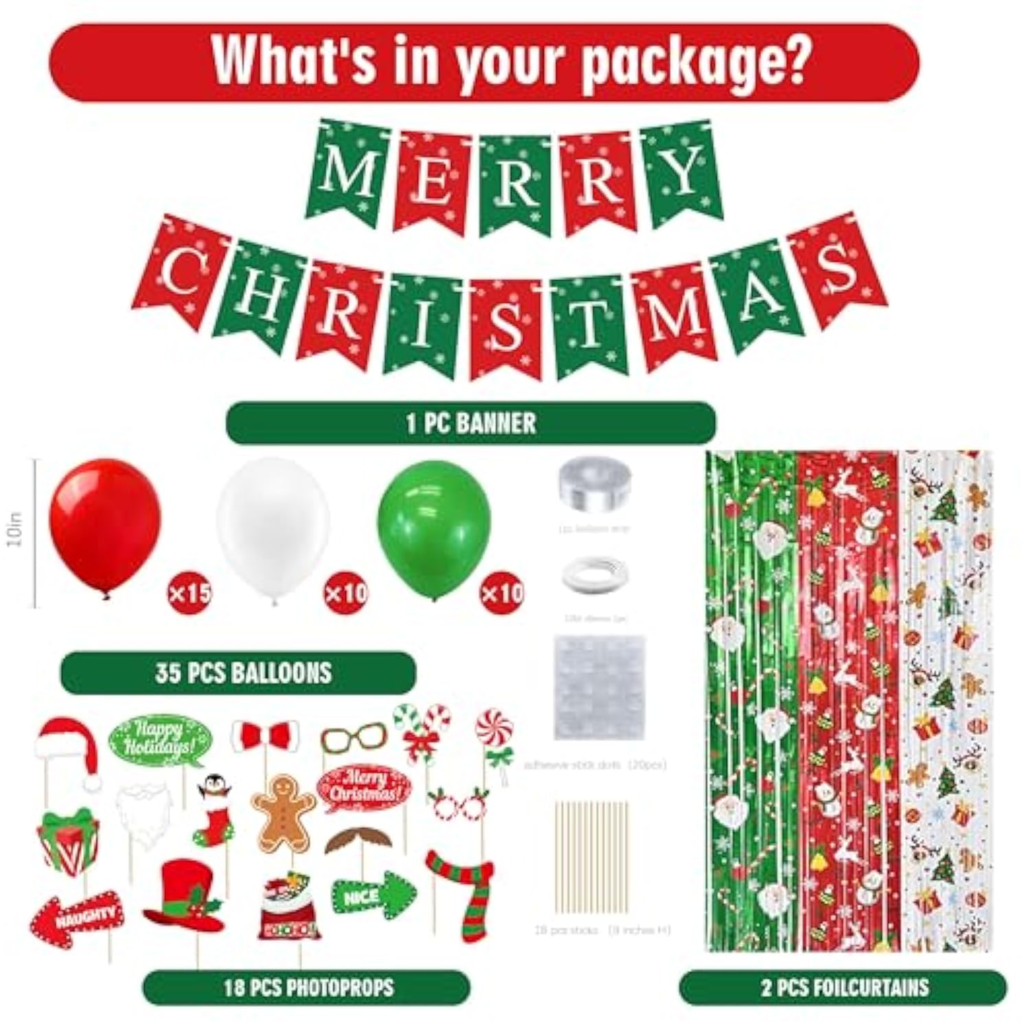 Christmas Party Decorations Set With Merry Christmas Banner, 35 Balloons, 18 Photo Props, 2 Foil Curtains, Red Green White