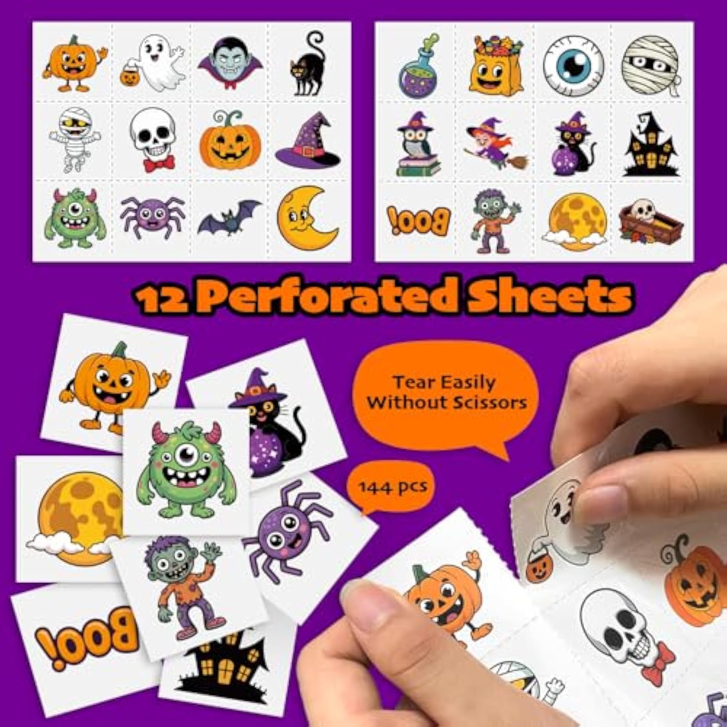 144Pcs Halloween Temporary Tattoos For Kids – 24 Unique Child-Friendly Designs, Perforated Sheets – Trick Or Treat Party Favors, Classroom Handouts, Exchange Gifts