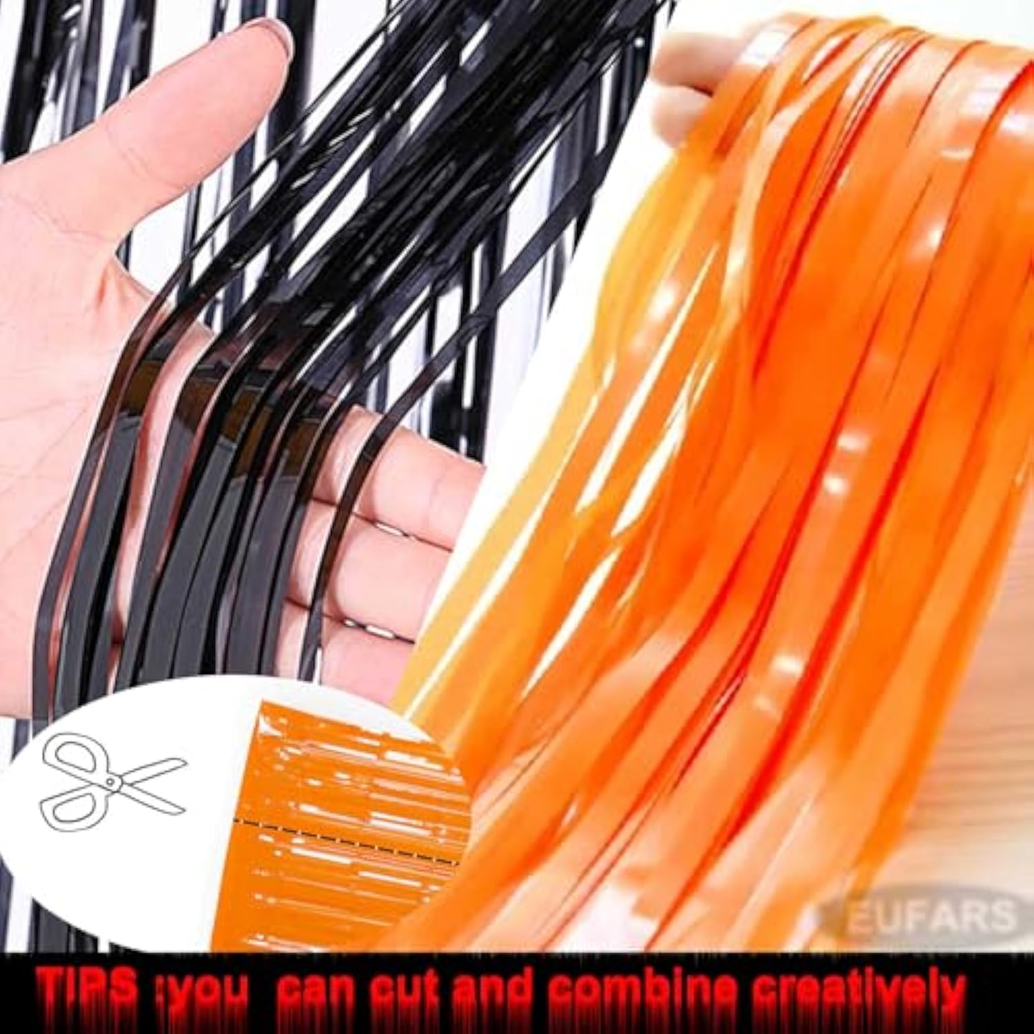 4 Pack Orange Black Foil Fringe Curtains 3.2x8.2ft Backdrop for Party Decorations