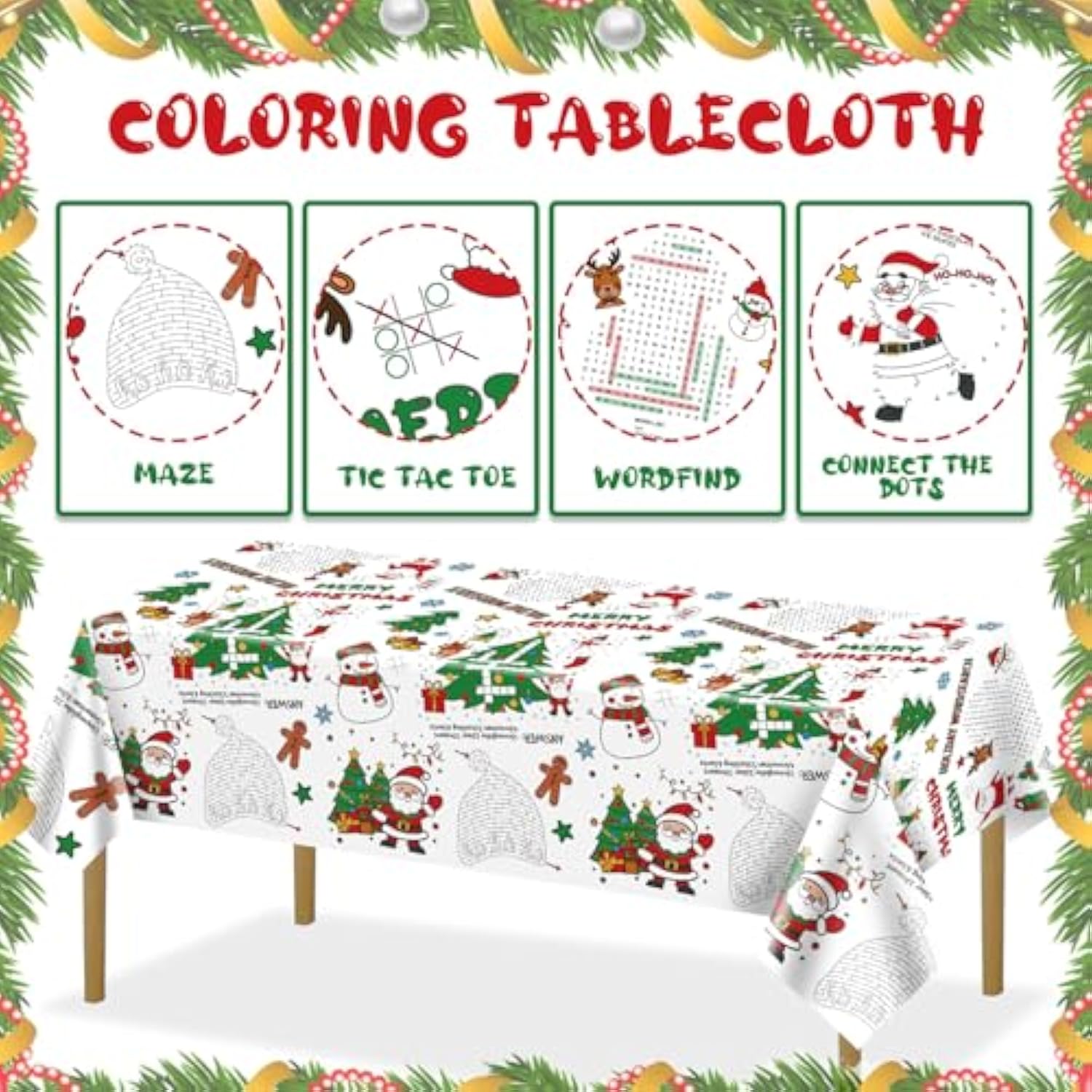 4Pack Christmas Coloring Tablecloths, Rectangular Paper Xmas Table Covers, Giant Coloring Poster Santa Claus Snowman For Kids Winter Holiday New Year Merry Christmas Party Supplies, 54 X 108Inch