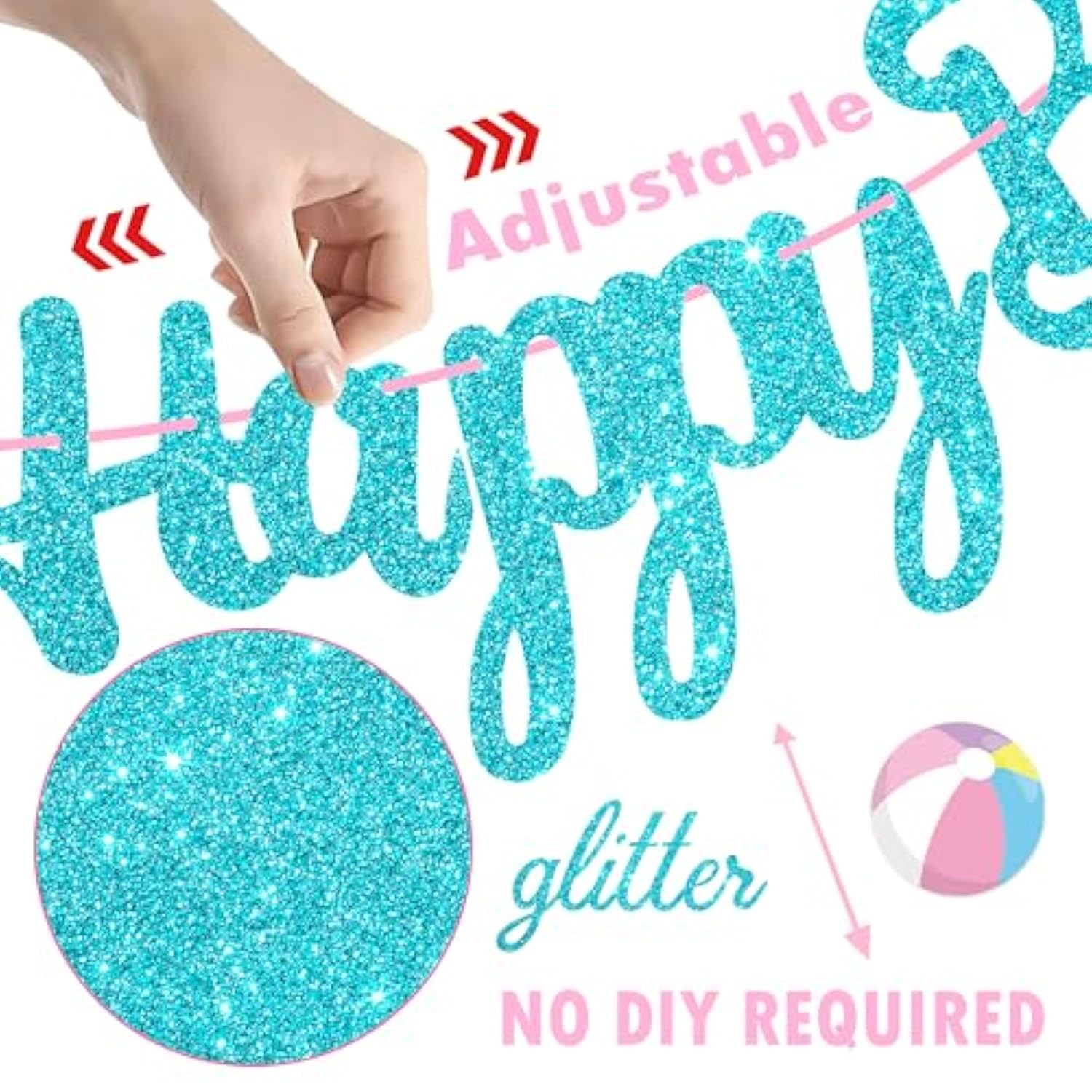 Beach Ball Happy Birthday Banners Glitter Blue Hawaiian Beach Pool Party Decorations Pink Pool Birthday Banner Summer Theme Party Decor For Girls Hawaii Holiday Baby Shower Supplies