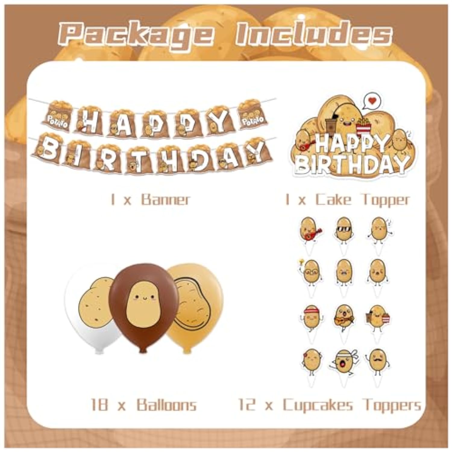 Potato Party Supplies - Cartoon Birthday Decorations Including Happy Banner, Cake Topper, Cupcake Toppers, Balloons For Baby Shower