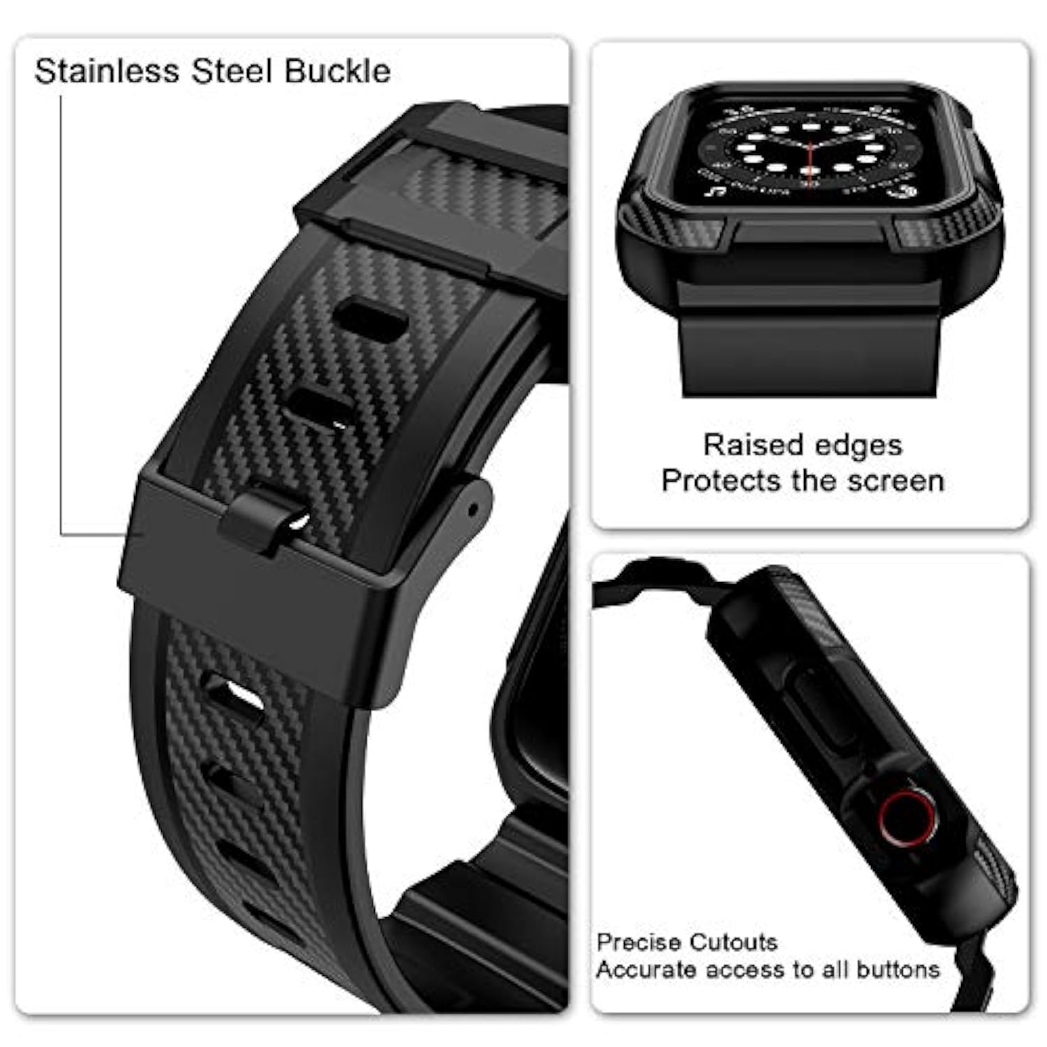 Compatible With Apple Watch Band 45Mm/44Mm/42Mm With Case, Shockproof Rugged Band Strap For Iwatch Se2 Se Series 9/8/7/6/5/4/3/2/1 With Bumper Case Cover Men Women, Matte Black
