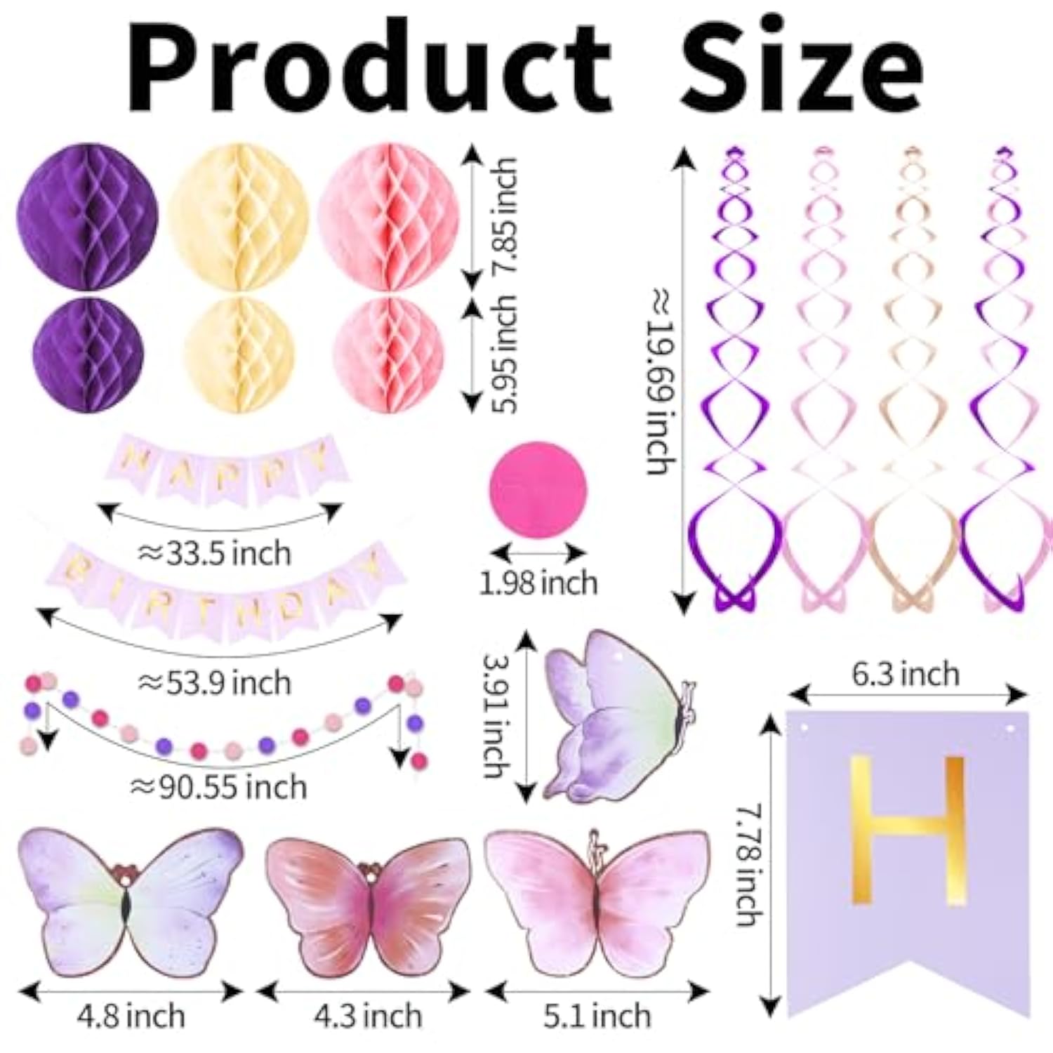 Birthday Decorations, Happy Birthday Banner With Honeycomb Balls, Butterfly Hanging Swirl Streamers, Circle Dots Garland, Happy Birthday Party Decorations For Women Girls
