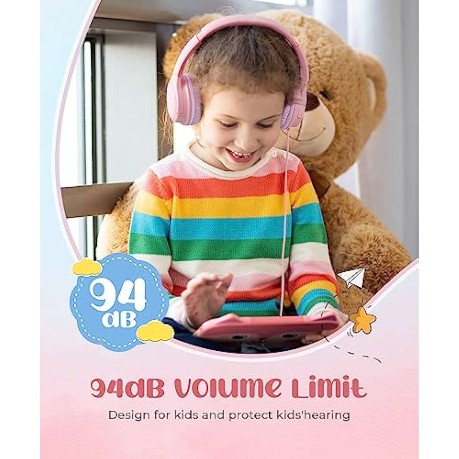 Kids Headphones, Wired Foldable On-Ear Headphones For Kids, Volume Limiter 94D