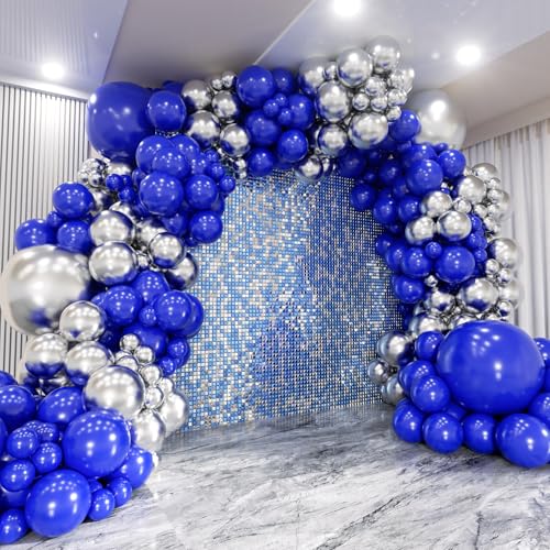 140Pcs Blue and Silver Balloon Garland Arch Kit - Royal Blue and Metallic Silver 18 12 10 5 Inch Different Size Balloons for Wedding Bachelor Birthday Baby Shower Graduation Party Decorations