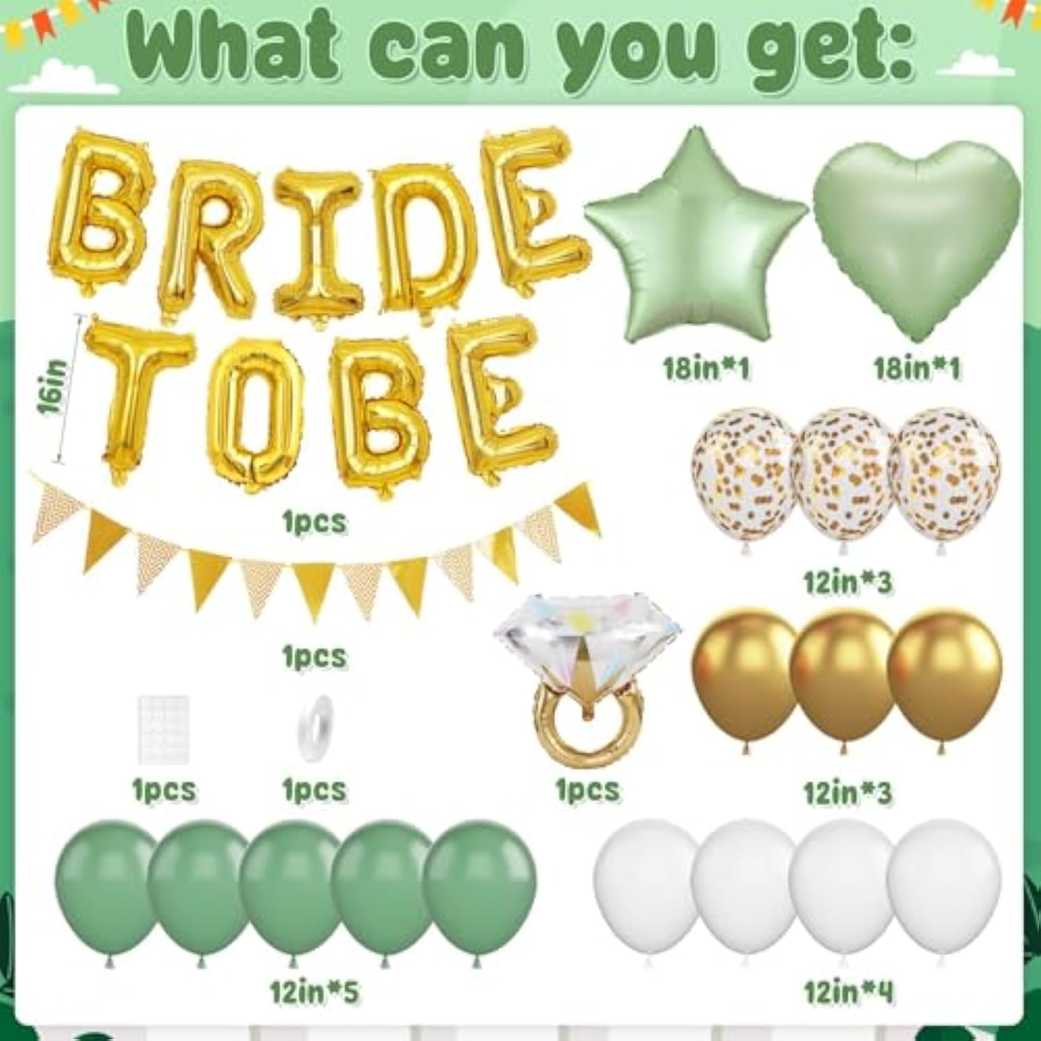 20pcs Sage Green Bridal Shower Kit with Balloons, Banner & Party Favors