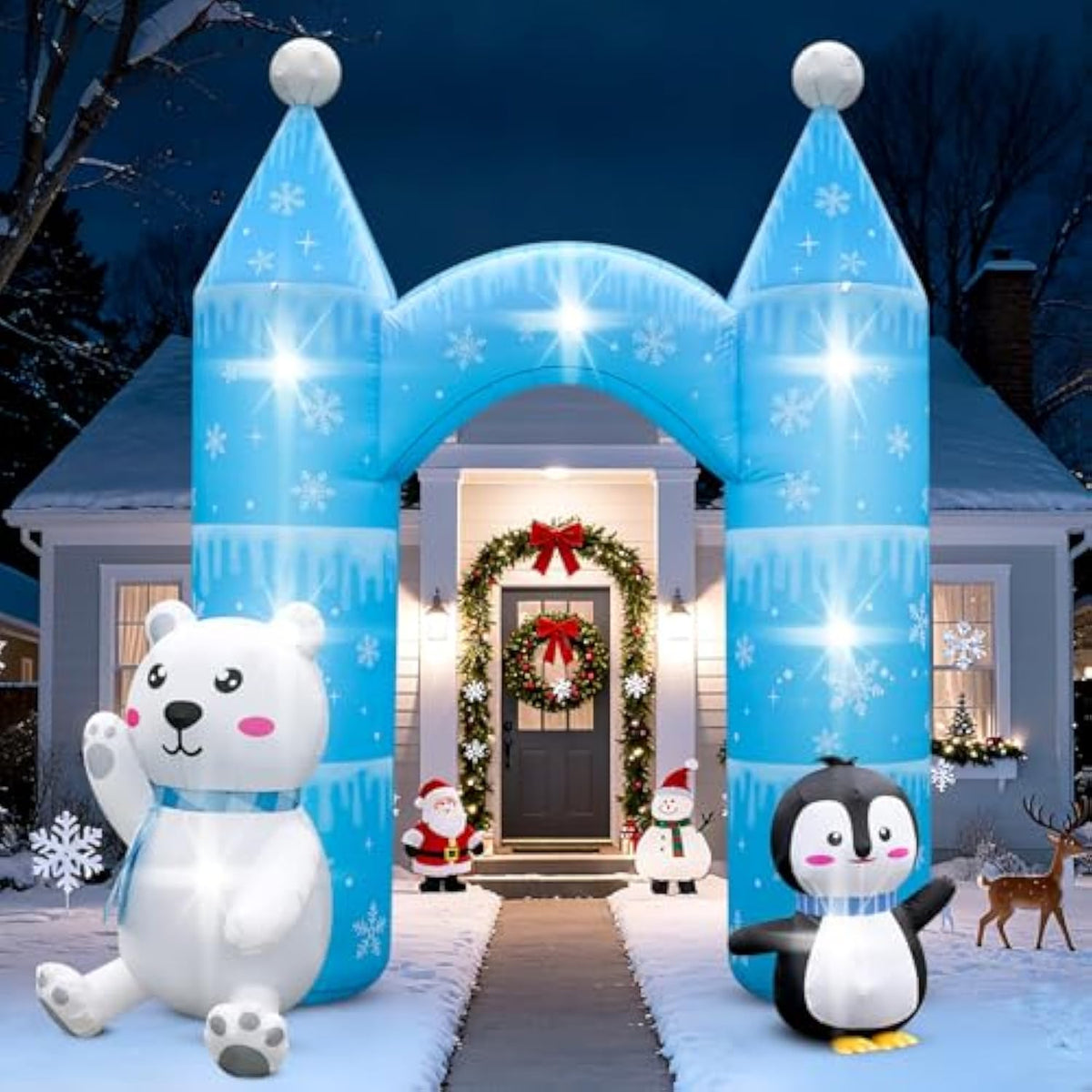 10Ft Christmas Penguin Polar Bear Inflatable Arch Outdoor Decoration Snowflake Castle Blow Up Yard Decorations With 7 Li