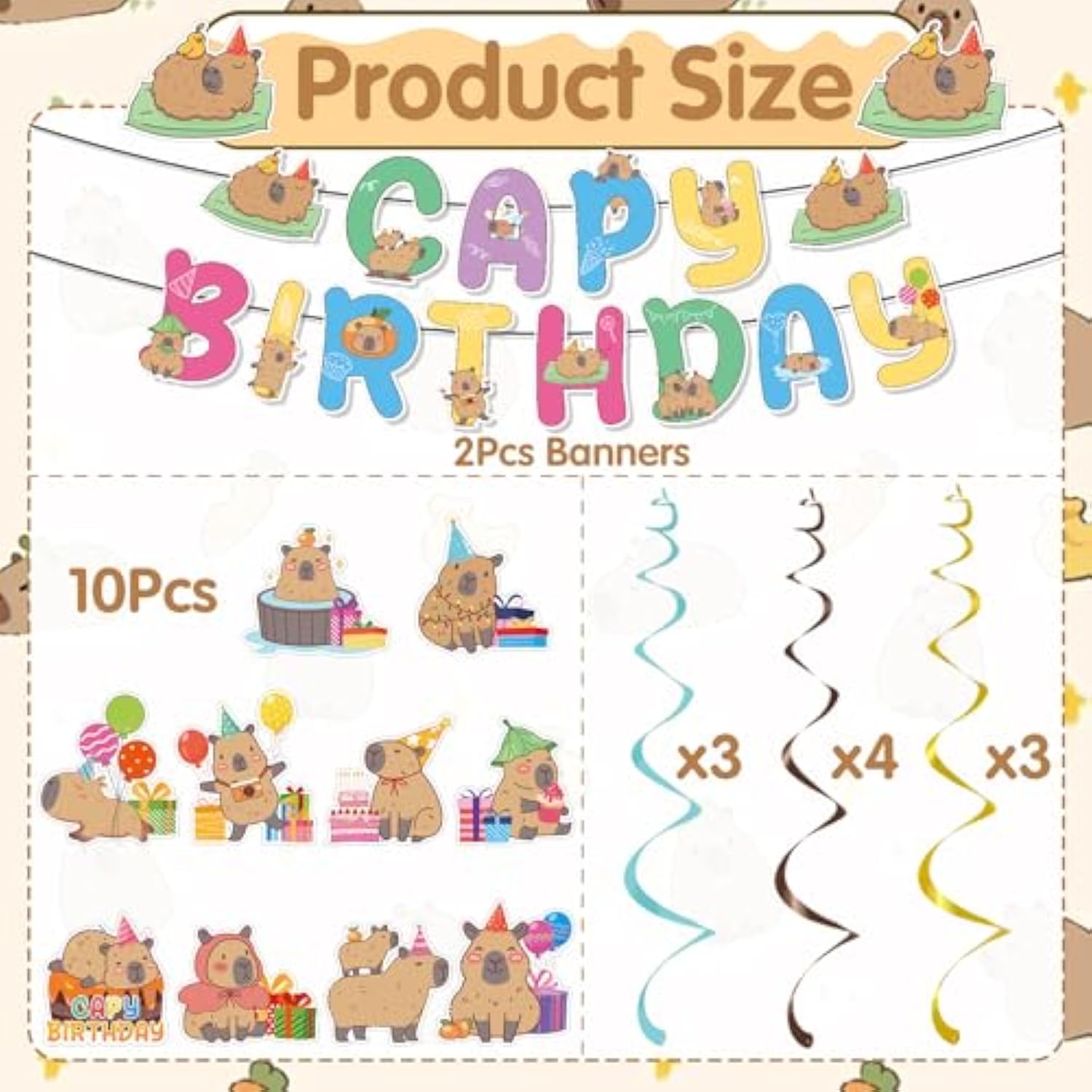Capybara Birthday Party Decorations - 12Pcs Capybara Banners With Hanging Swirls Bday Decoration Cute Capy Animals Decor Supplies