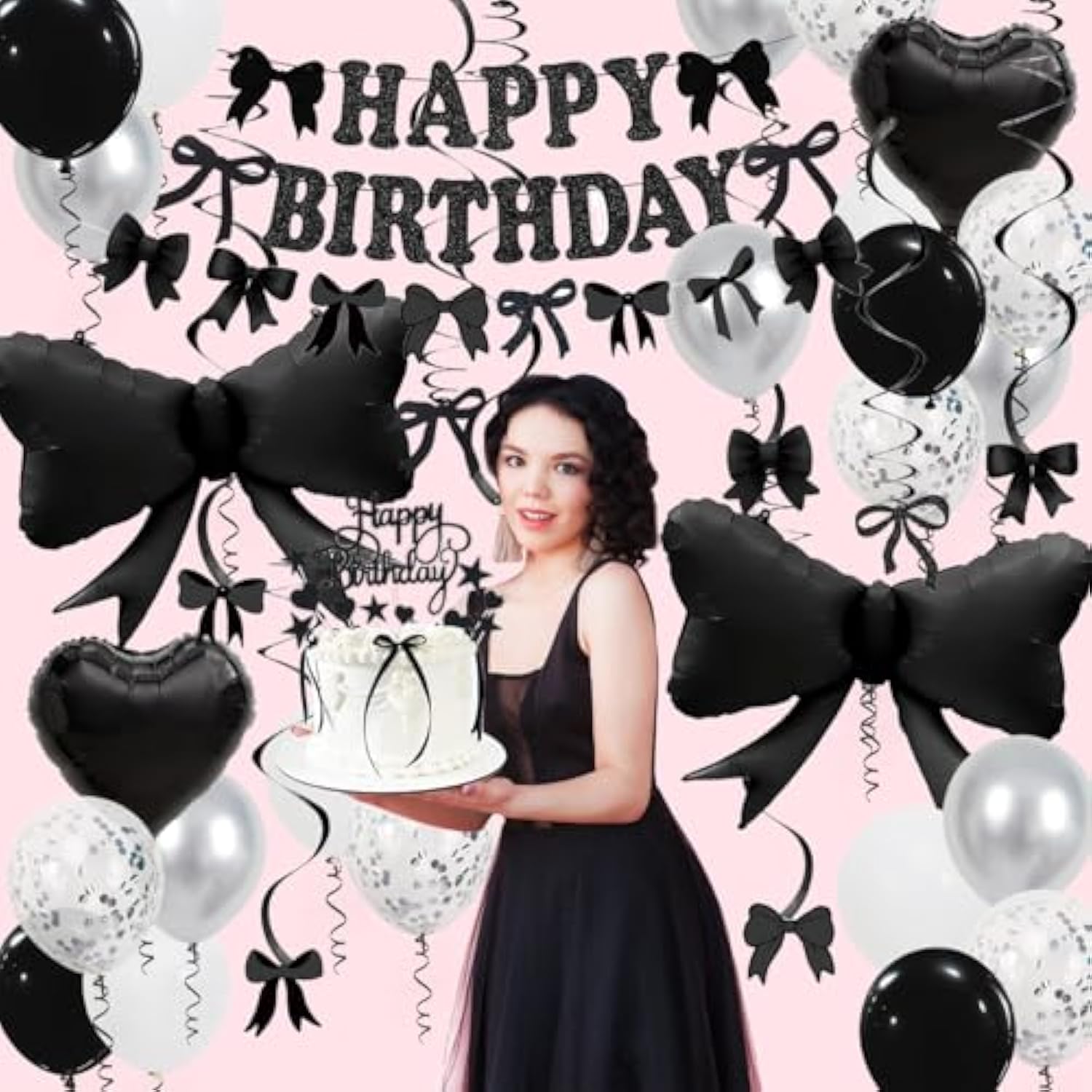 Black Bow Birthday Decorations, Happy Birthday Banner Garland And Hanging Swirls, 28Pcs Balloons, Cake Toppers, Bow Themed Party Decorations For Girls Women