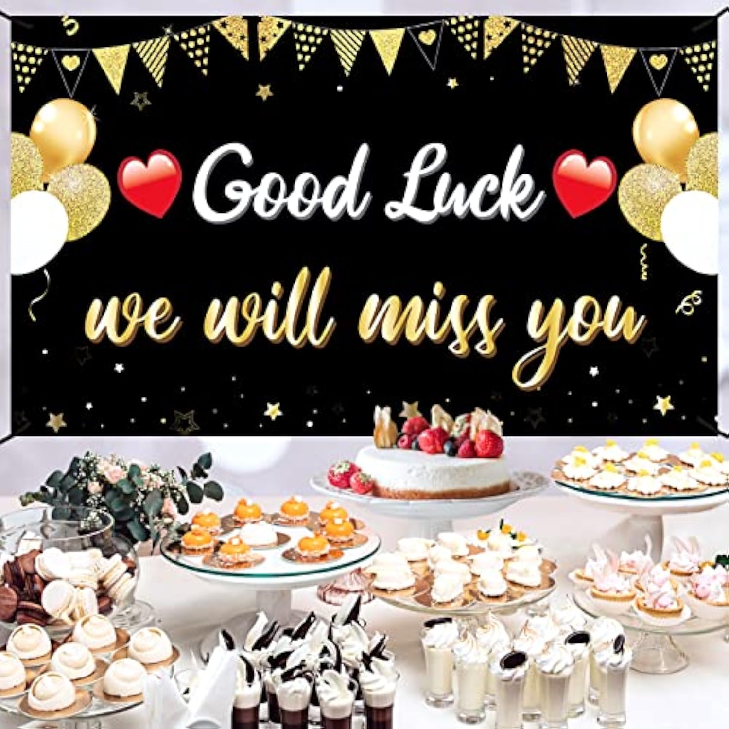 We Will Miss You Good Luck Banner – Black & Gold Farewell Party Decorations