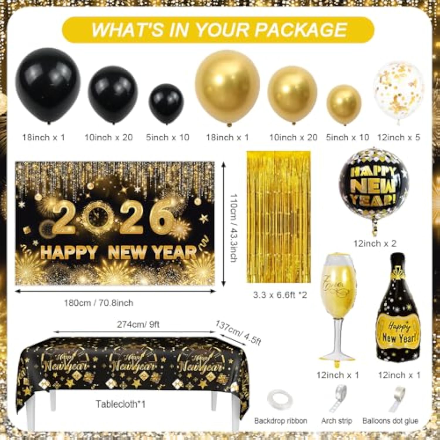 78pcs Black Gold 2026 New Year Decorations Banner Balloon Arch Fringe Curtain