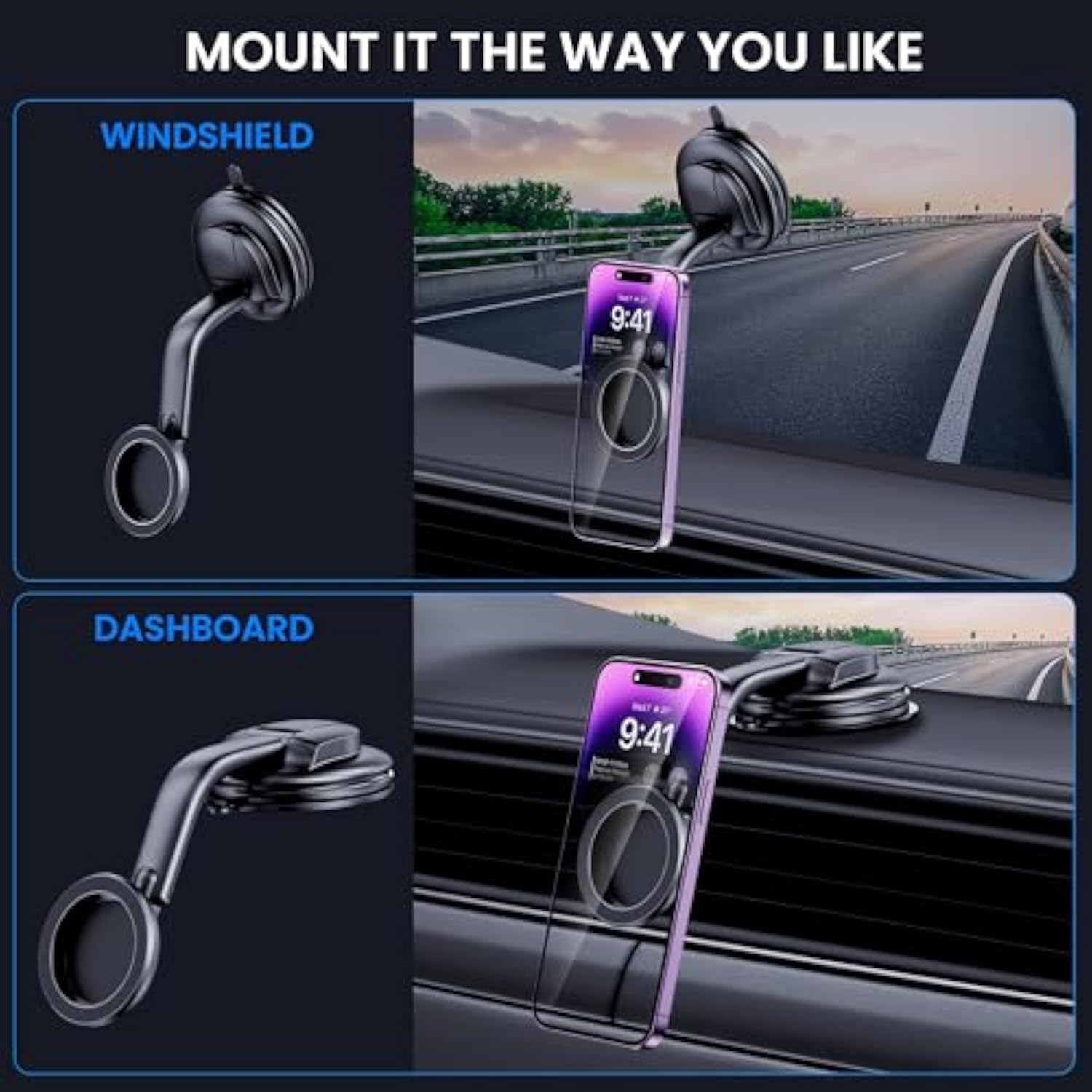 MagSafe Car Mount Magnetic Phone Holder for Dashboard & Windshield, Universal