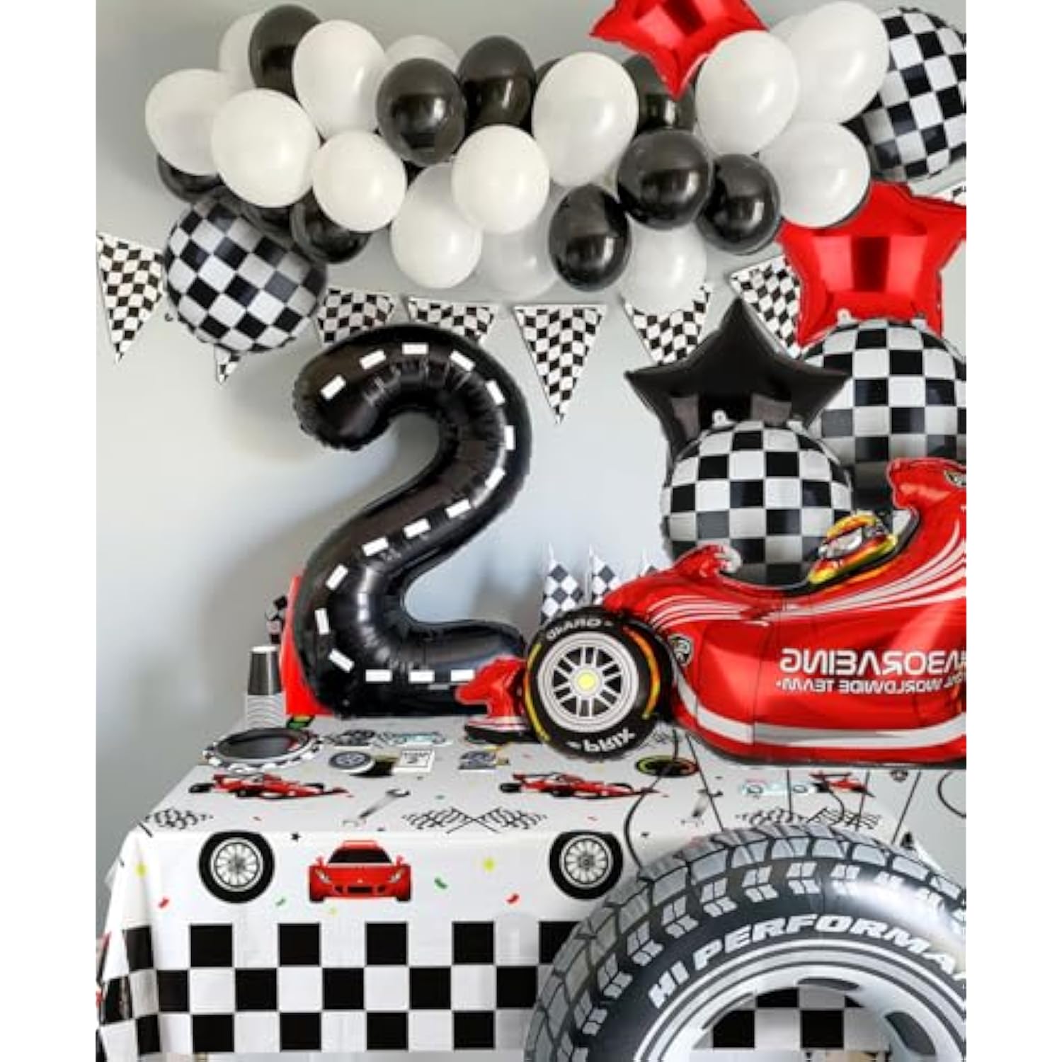 Race Car Balloon Set: Checkered Flag, Star Foil Balloons - Party Decor