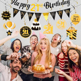 21St Birthday Decorations Men Set - Happy 21 Birthday Banner Triangle Flag Hanging Swirls Streamers For Women Men Party Decorations Supplies, Black And Gold