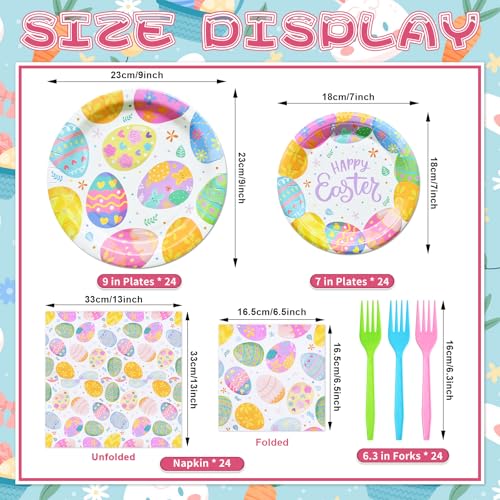 96 Pieces Easter Tableware Set Party Supplies - Happy Easter Colorful Eggs Pattern Disposable Paper Plates, Napkins, Forks Dinnerware for Spring Celebrations, Picnics, Serves 24 Guests