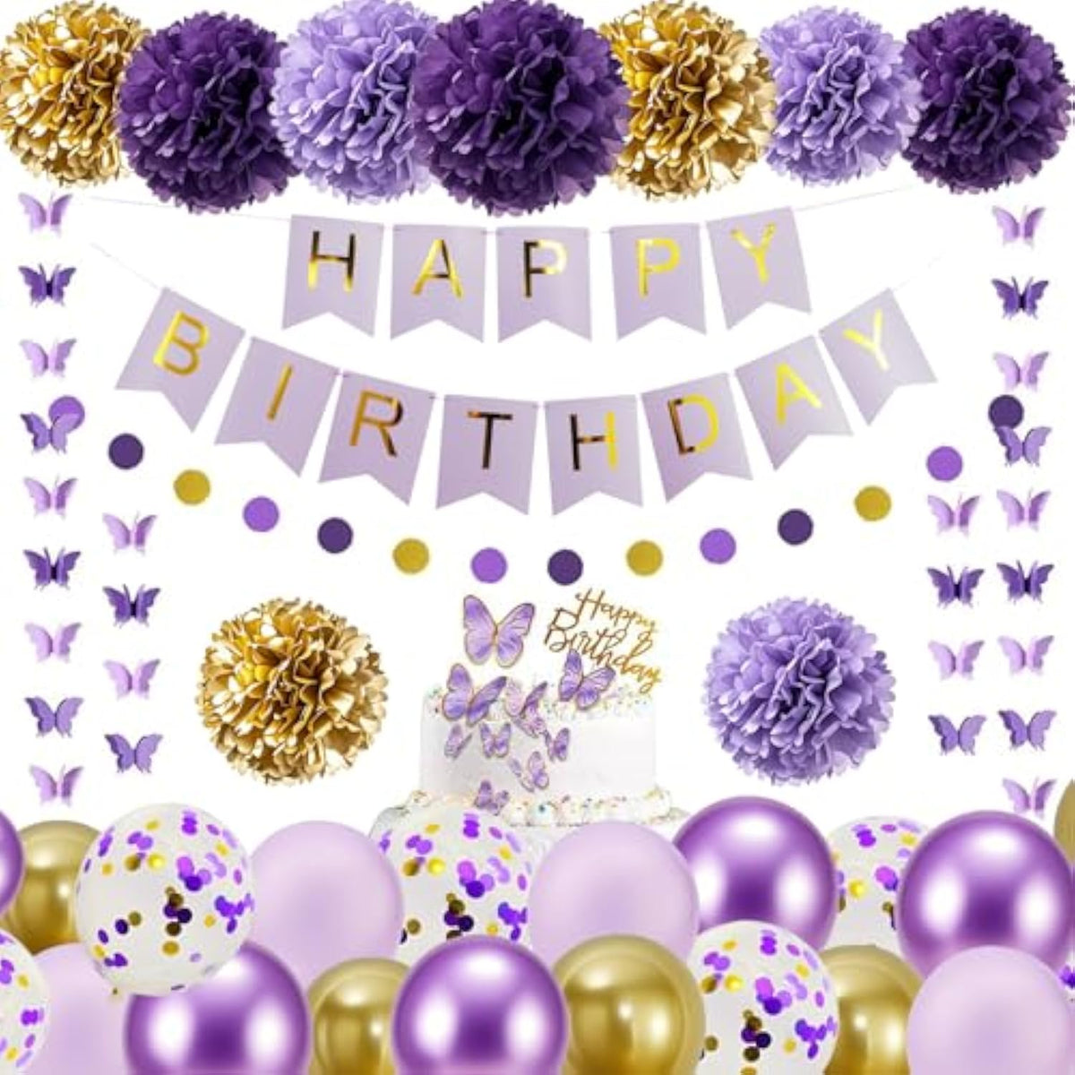 40Pcs Purple Gold Birthday Party Decorations,Gifts For Women Or Girls, Happy Birthday Banner With Balloons,Paper Pom Poms,Butterfly Garland,Foil Star And Hearts For Party Decor