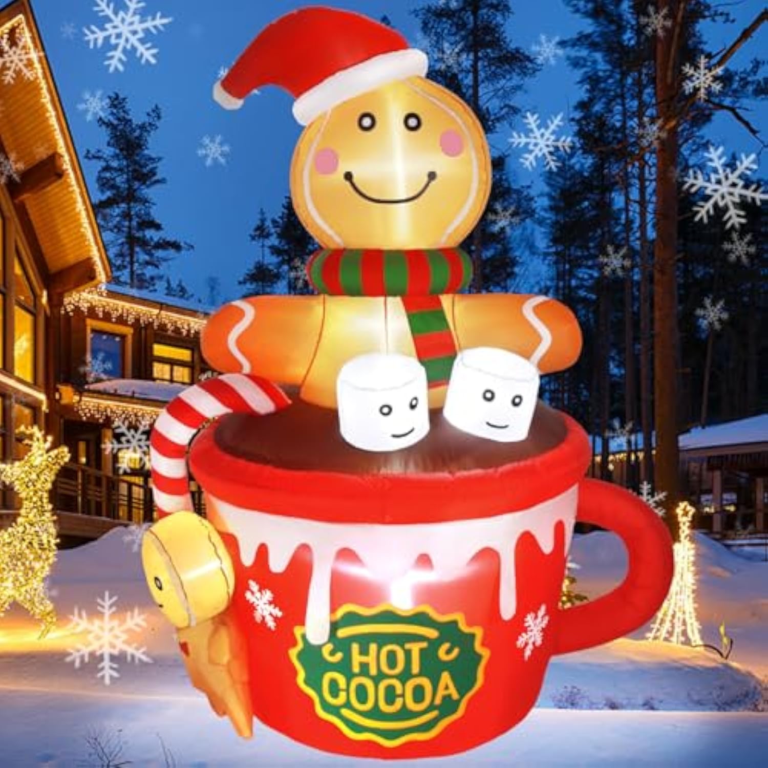6Ft Christmas Gingerbread Man Inflatables Outdoor Decoration Hot Cocoa Cup Cute Giant Xmas Blowups With Built-In Led Lig