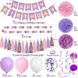 Purple Pink Party Decorations For Women Girls With Happy Birthday Banner, Hanging Swirls, Tissue Paper Pompoms, Circle Dots Garland, Tassel Garland, Purple Balloons
