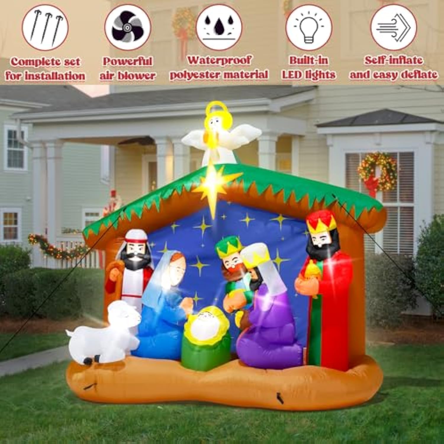 8Ft Christmas Inflatables Nativity Scene, Blow Up Christmas Nativity Scene, Led Lighted The Birth Of Jesus Scene Inflata