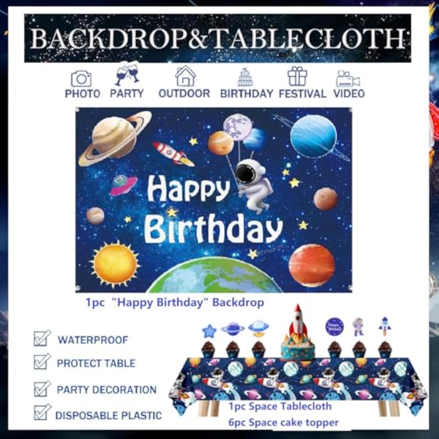 96Pcs Outer Space Astronaut Party Decorations - Galaxy Themed Party Supplies ?Happy Birthday Backdrop, Tablecloth, Star Garland ,Multi-Color Balloons And Rocket ?Astronaut Balloons , Cake Toppers.