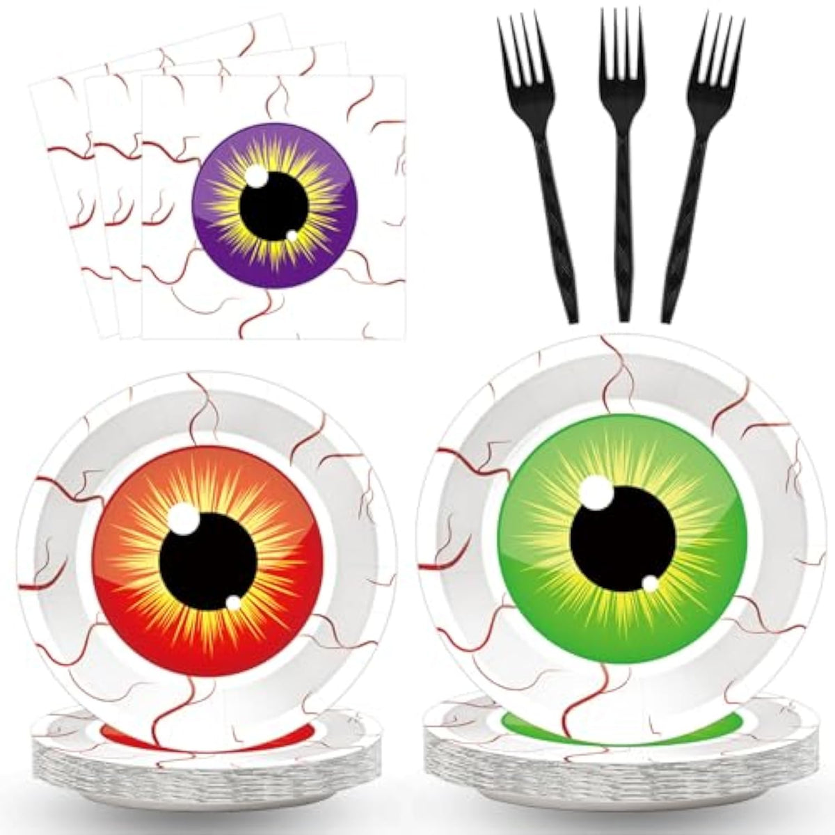 100 Pcs Spooky Halloween Eyeball Party Supplies Set Plates Napkins Forks Serves 25
